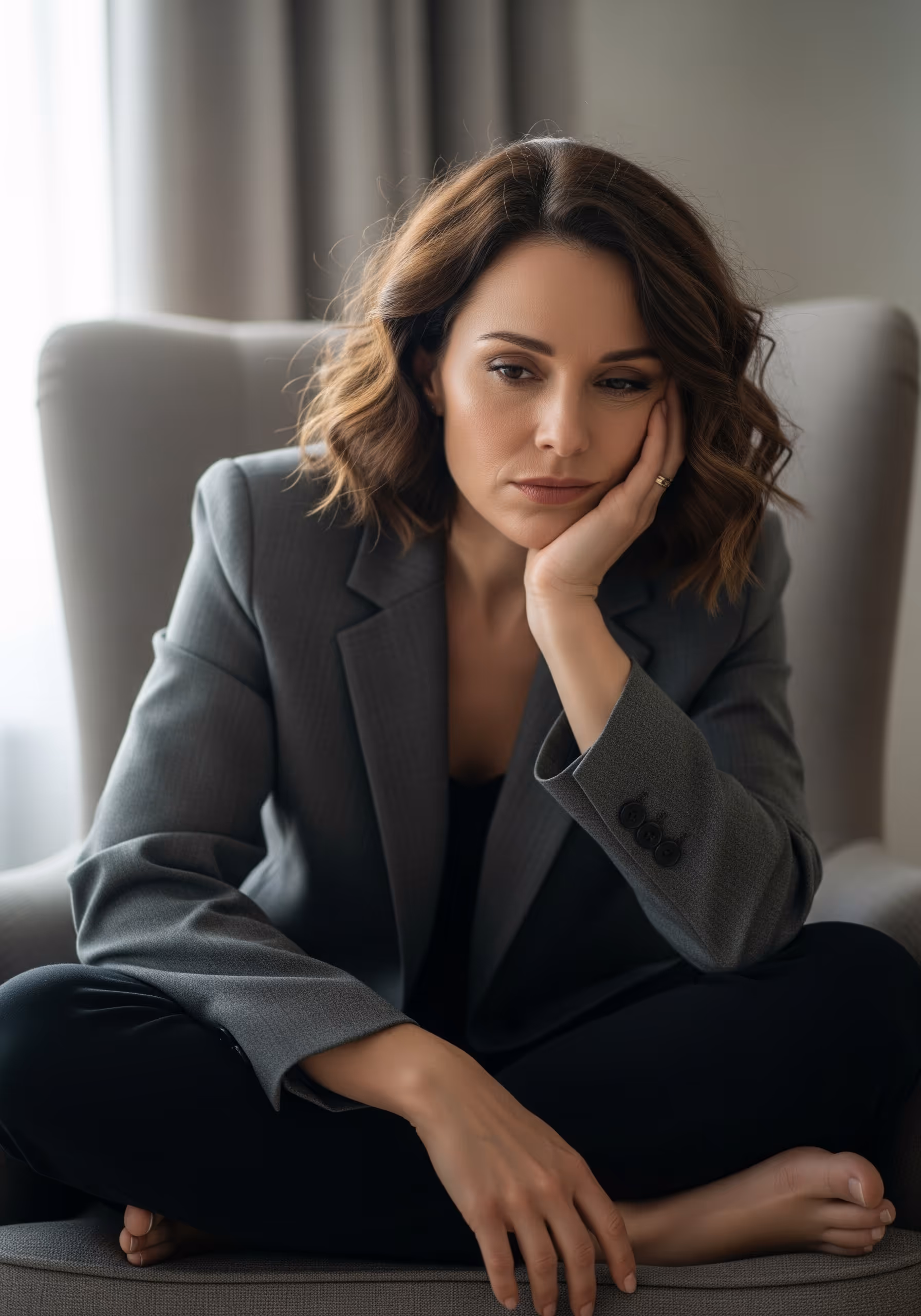 Tired woman in businesswear reflecting low energy concerns treated by ThrIVwell with IV therapy and peptide support.