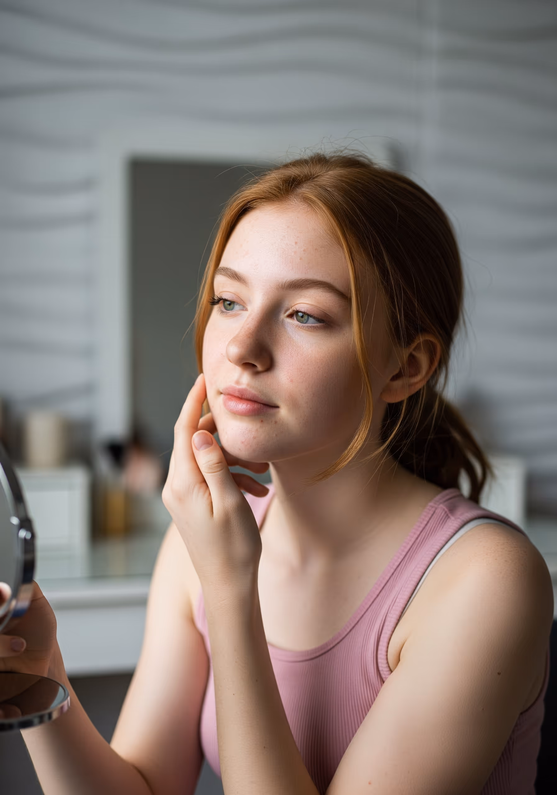 Teenage girl reflecting skin concerns in mirror, representing ThrIVwell's acne treatment approach.