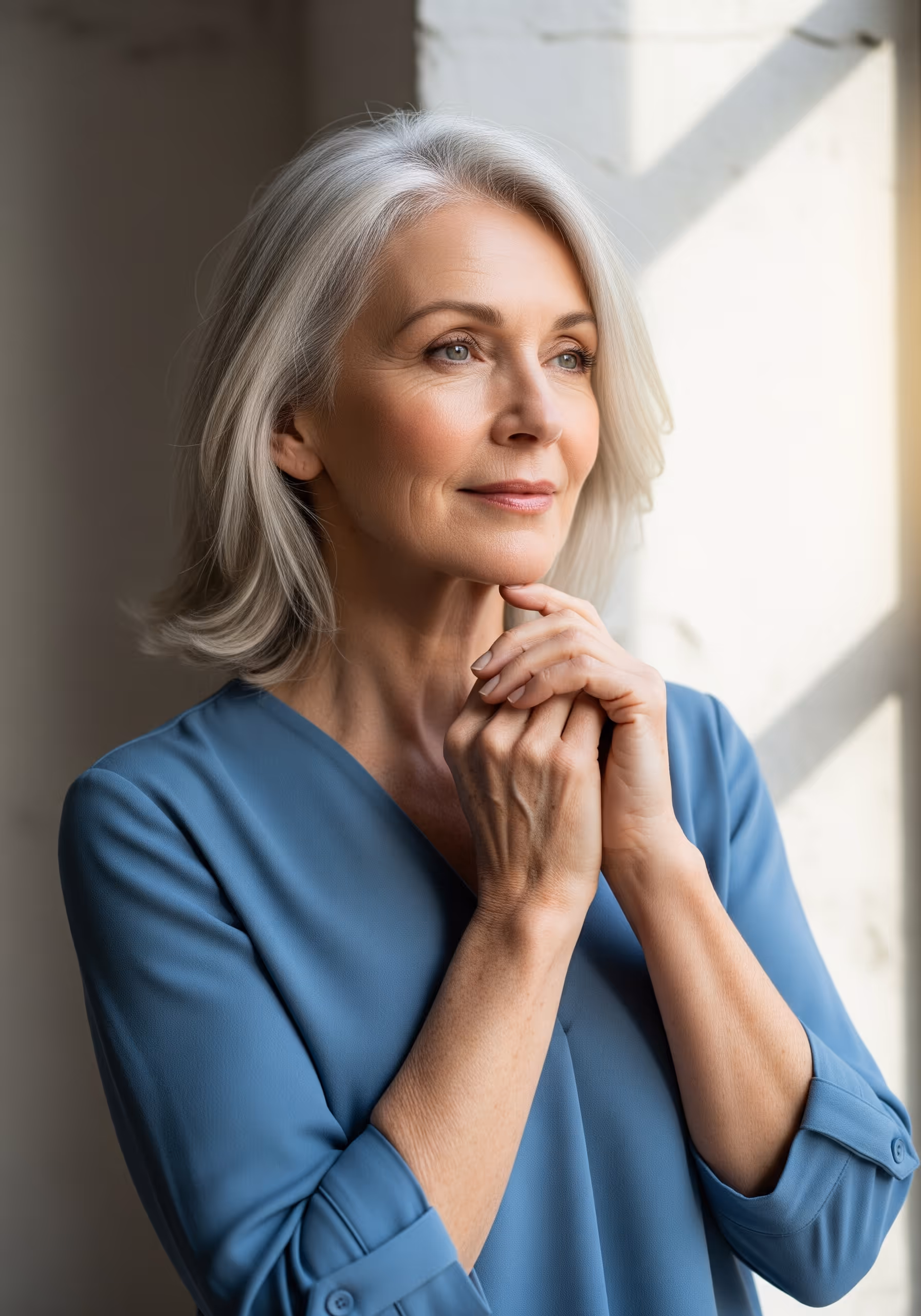 Mature woman near window, reflecting age-related pigmentation concerns treated at ThrIVwell.