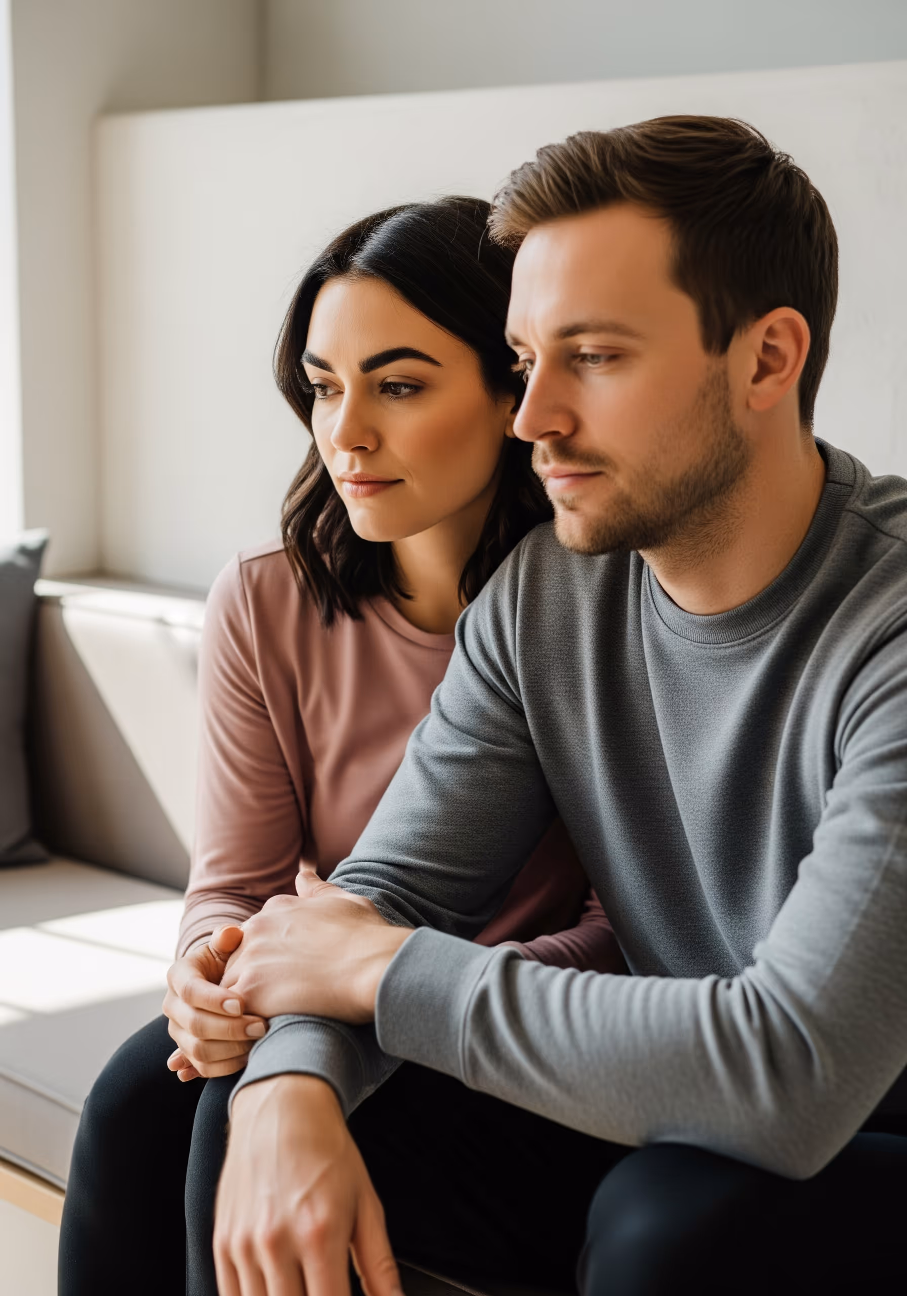 Couple seated together representing mood and stress support services at ThrIVwell through functional and hormonal care.