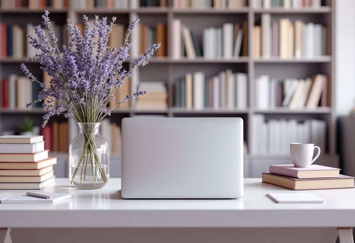 image of desk with a laptop and a plant (for a bookstore)