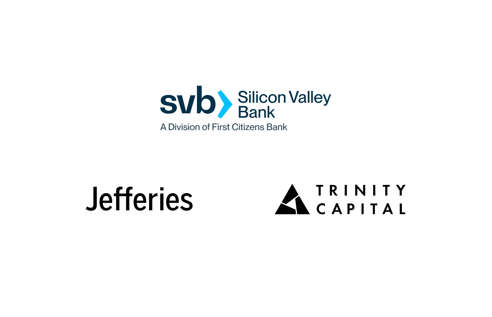 Logos of three financial institutions: Silicon Valley Bank (SVB), Jefferies, and Trinity Capital.