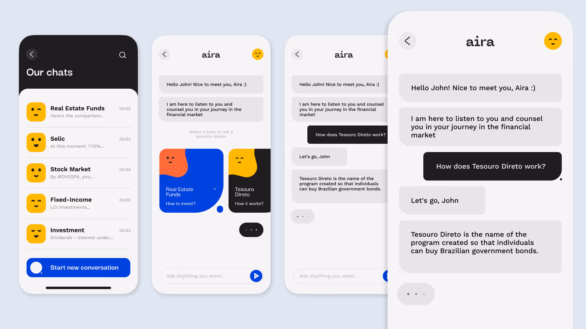 Four mobile screens showing a financial chat app named Aira with conversations about investment topics and government bonds.
