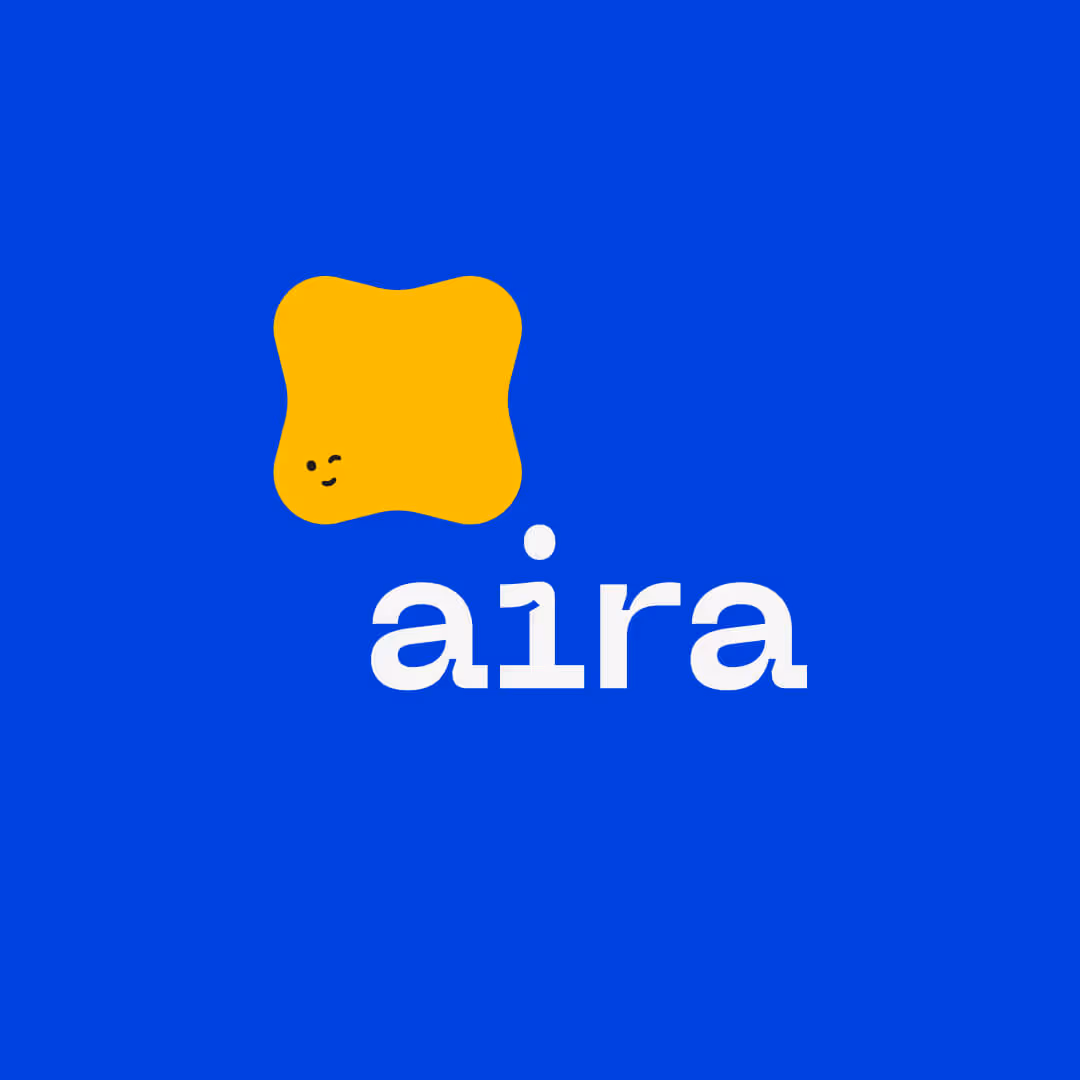 Blue background with a yellow abstract shape featuring a small winking face above the white text 'aira'.
