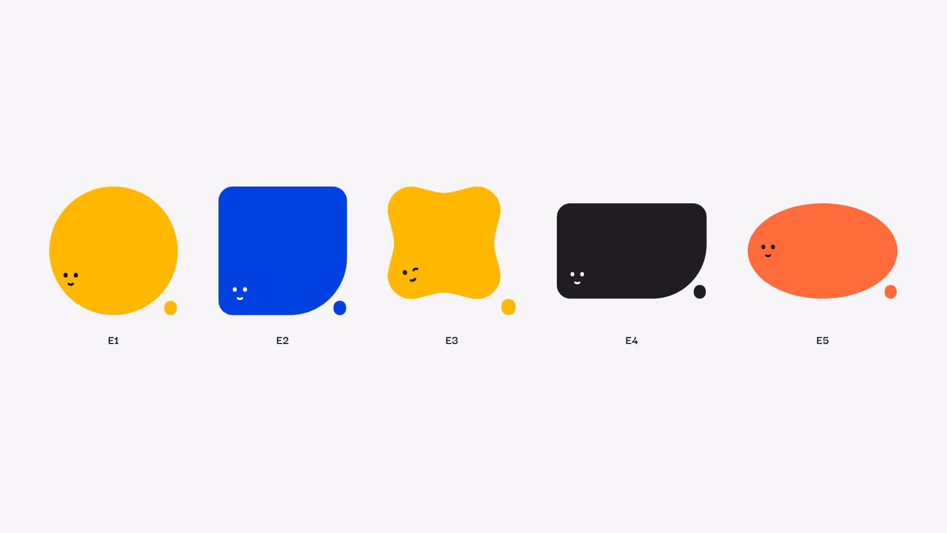Five colorful abstract shapes with faces: yellow circle, blue rounded square, yellow amorphous shape, black rounded rectangle, and red oval, each with a smaller matching dot nearby.