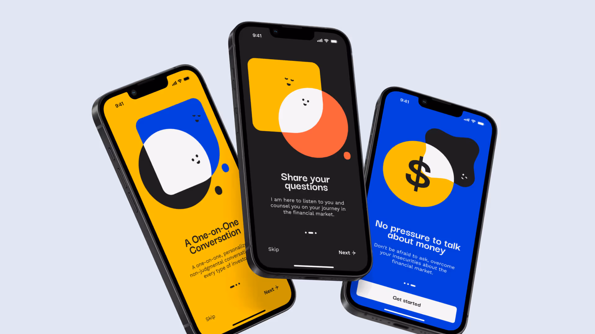 Three smartphones displaying onboarding screens for a financial app with bright abstract designs and text about personalized conversation, sharing questions, and no pressure to talk about money.