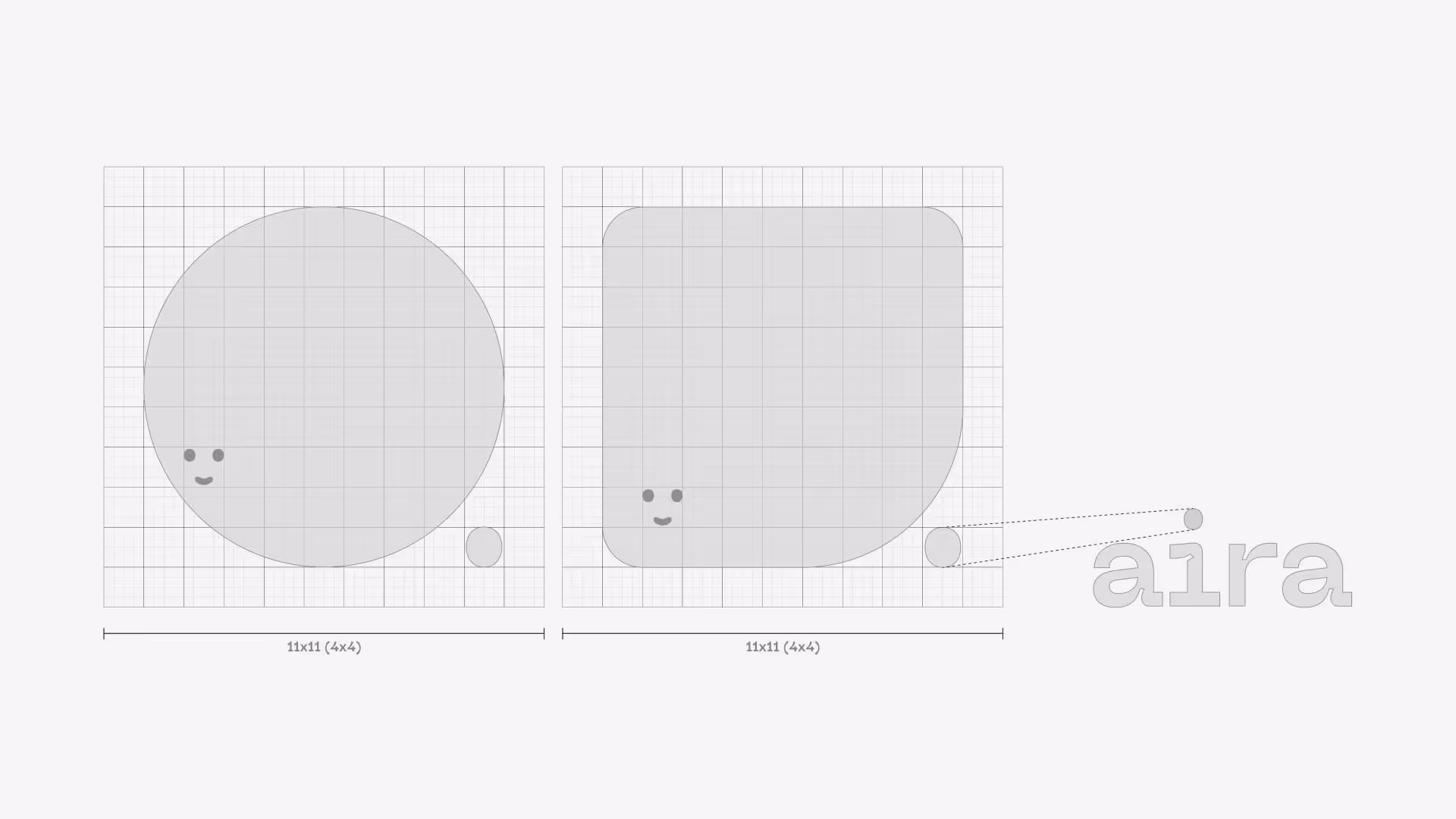 Design grid showing two shapes side by side, a circle and a rounded square, each with smiley face elements inside and a small circle linked to the text 'aira'.