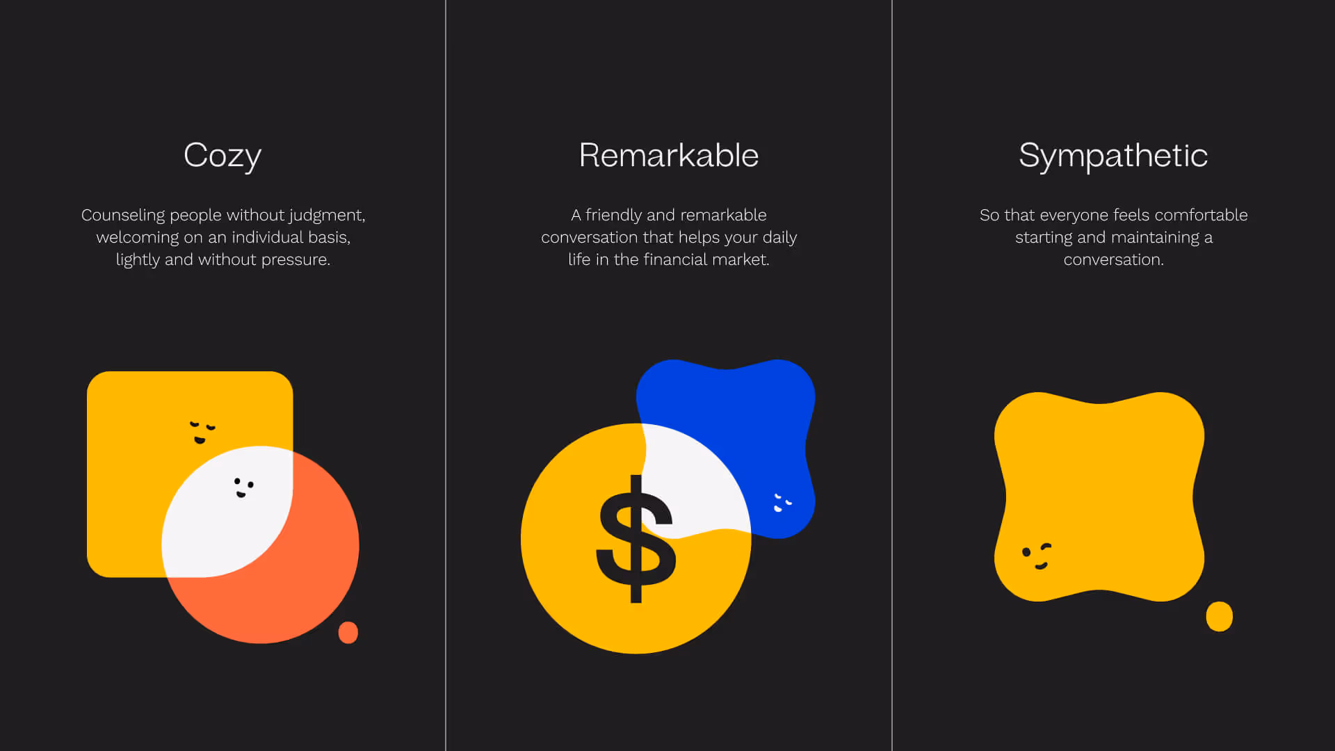 Three panels with text and abstract colorful shapes: first panel 'Cozy' with overlapping yellow square and red circle with smiley faces; second panel 'Remarkable' with yellow dollar sign circle and blue blob; third panel 'Sympathetic' with a yellow curvy square and smiley face on a black background.