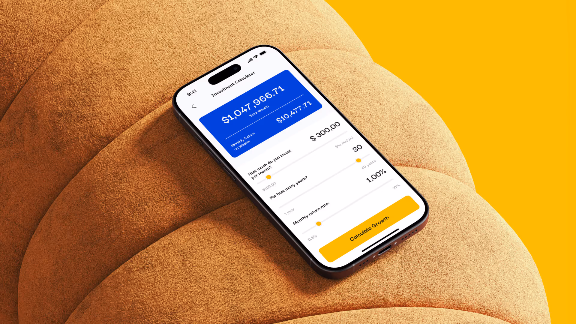 Smartphone displaying an investment calculator app with total wealth, monthly return, investment amount, years, and return rate sliders on a textured orange cushion.