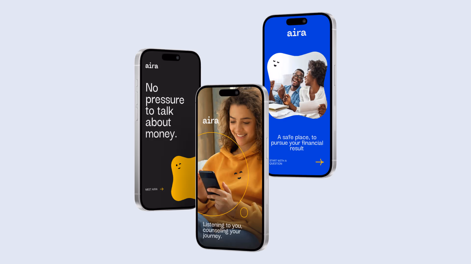 Three smartphones displaying the Aira app with messages about financial support and counseling, featuring diverse people and colorful backgrounds.