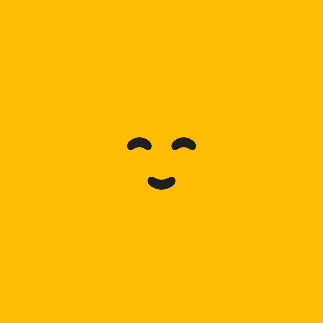 Minimalist yellow square with closed eyes and a small smiling mouth emoji face in black.