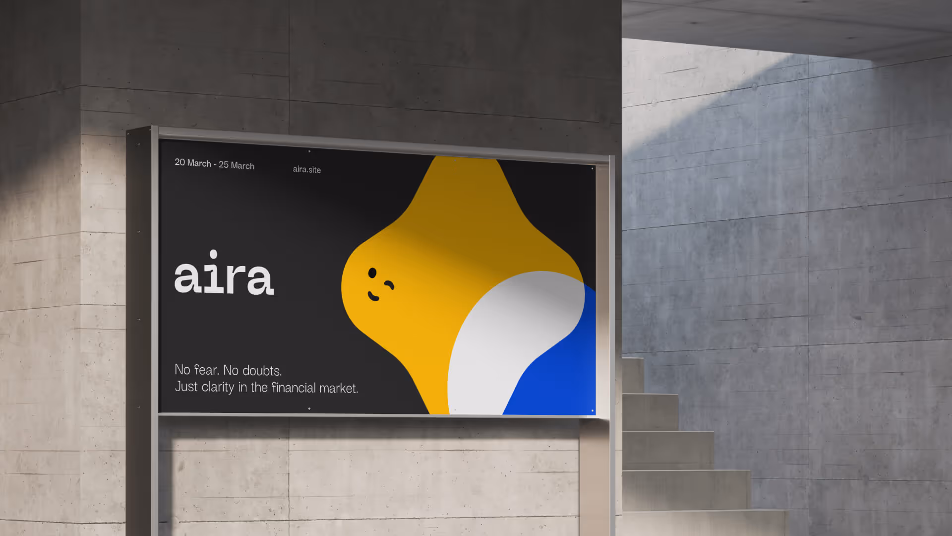 Outdoor billboard on concrete wall displaying advertisement for 'aira' with a yellow, white, and blue abstract shape and text about clarity in the financial market.