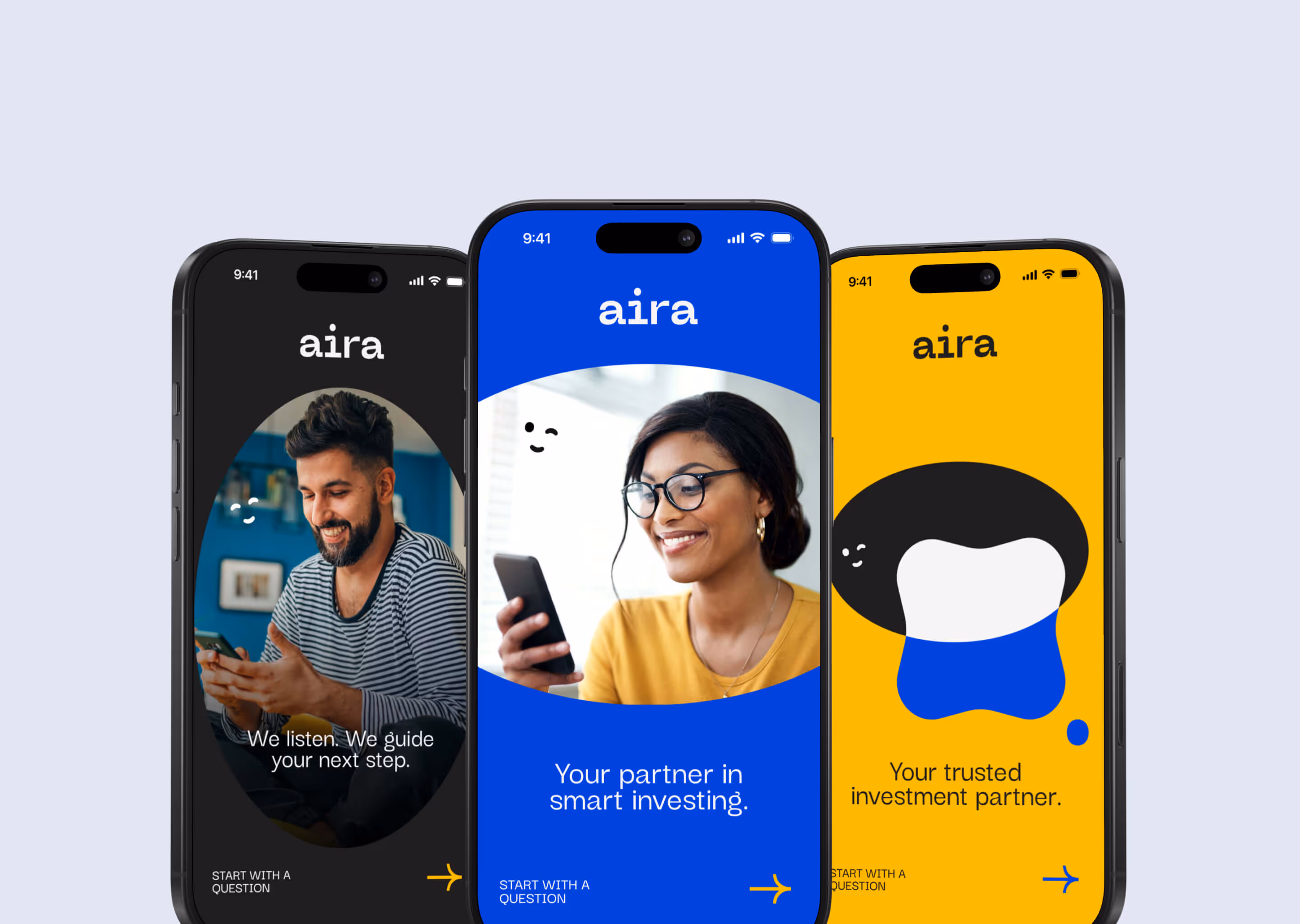 Three smartphones displaying Aira app screens with messages about investment guidance and partnership.