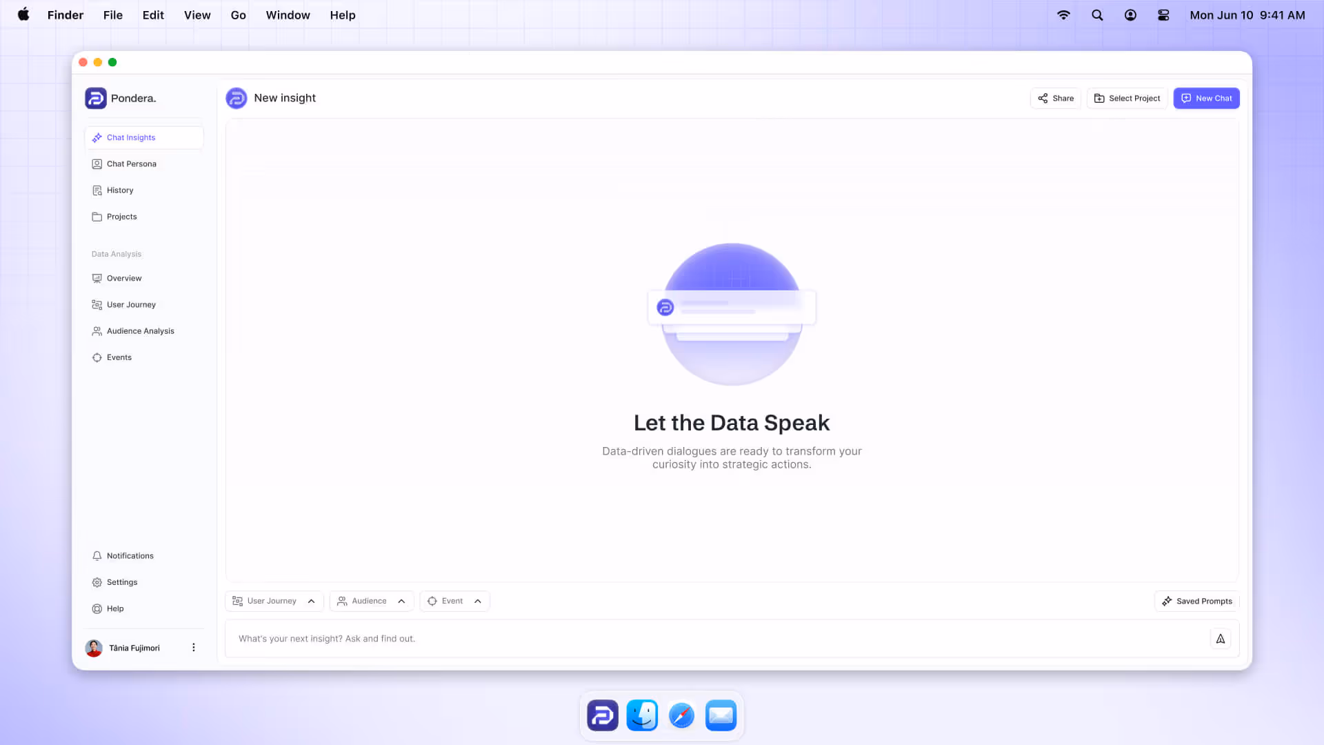 Desktop screen showing Pondera data analysis app with sidebar menu and central message saying 'Let the Data Speak'.