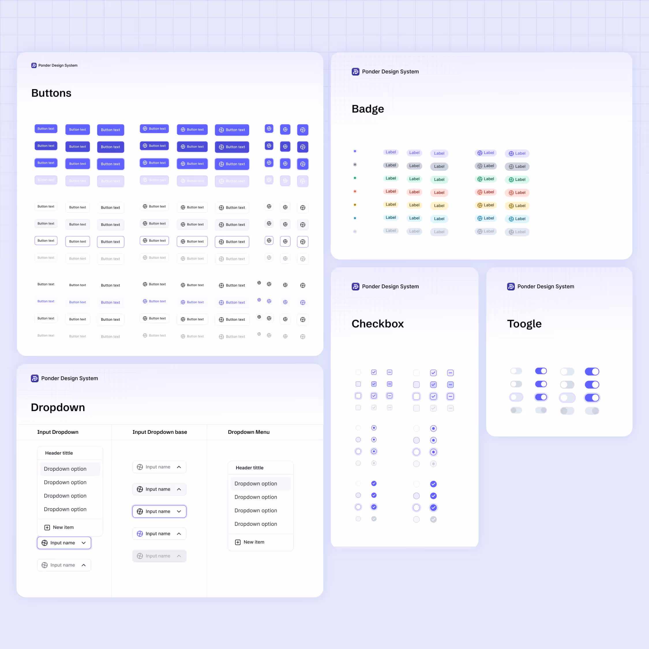 Ponder Design System UI components including various styles of buttons, badges in multiple colors, dropdown menus with different input states, checkboxes in various states, and toggle switches in on and off positions.