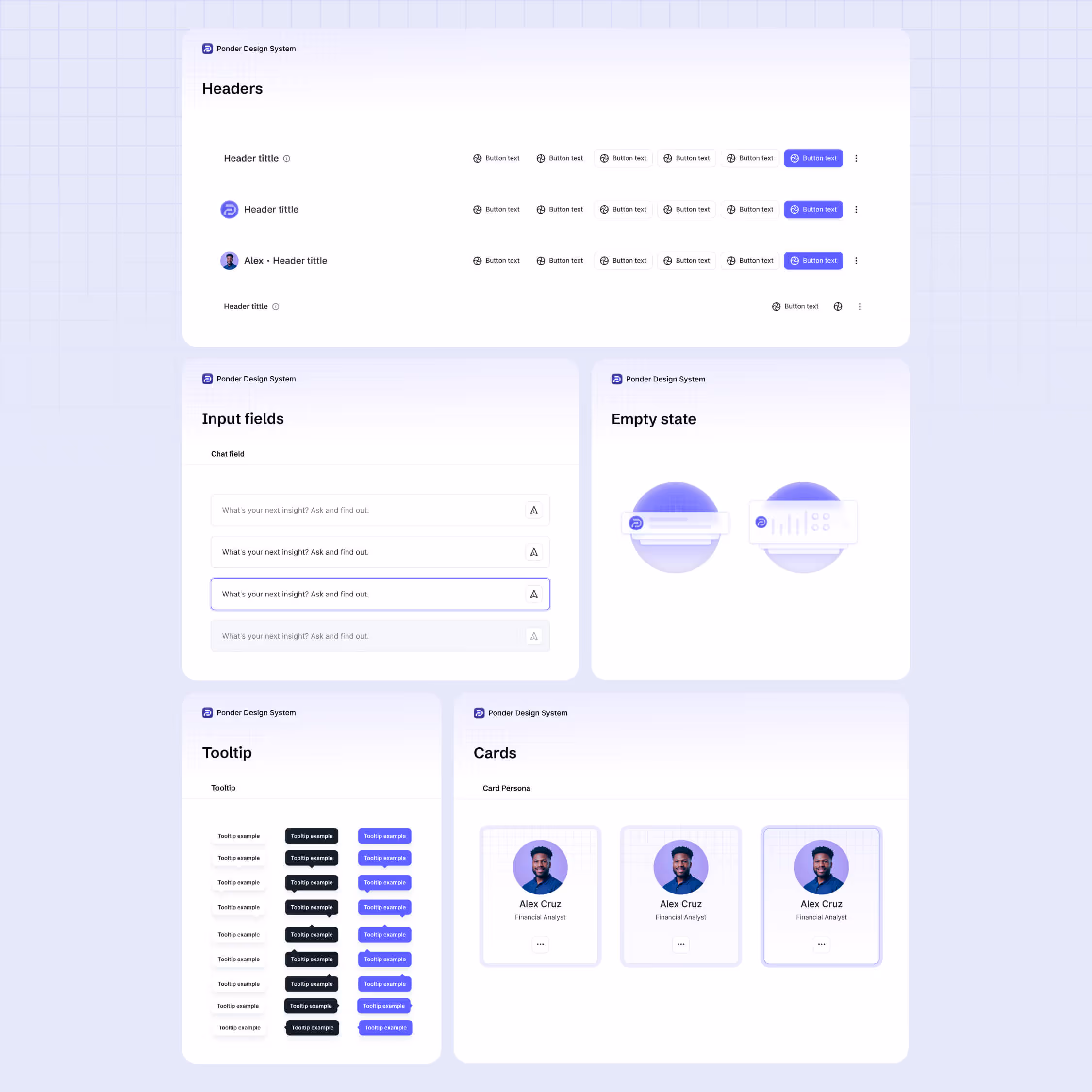Ponder Design System UI components showcase with headers, input fields, empty state icons, tooltips, and user persona cards featuring Alex Cruz.