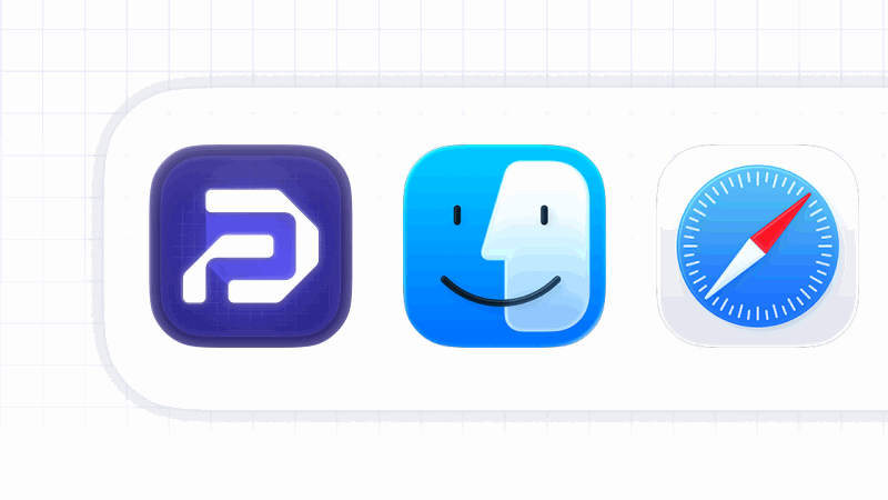 Row of app icons on a white background: Parler, Mac Finder with smiling face, and Safari browser compass.
