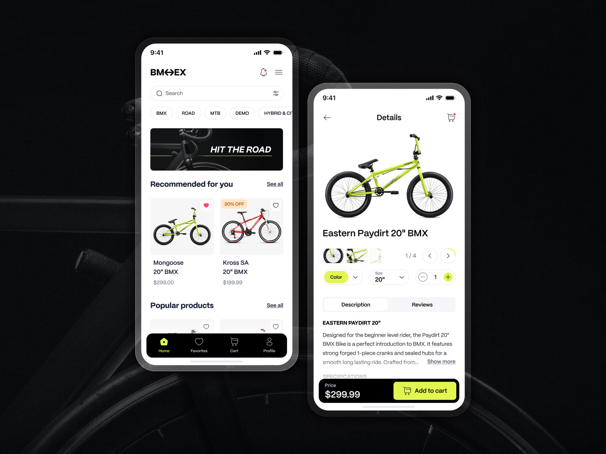 Two mobile screens displaying a BMX bike ecommerce app: one shows recommended and popular BMX bikes; the other shows detailed info and price of an Eastern Paydirt 20" BMX bike with add to cart option.