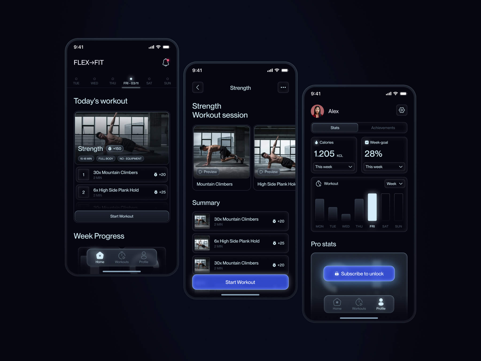 Three smartphone screens showing a dark-themed fitness app with workout details, exercise previews, weekly progress, calorie stats, and a subscription option.