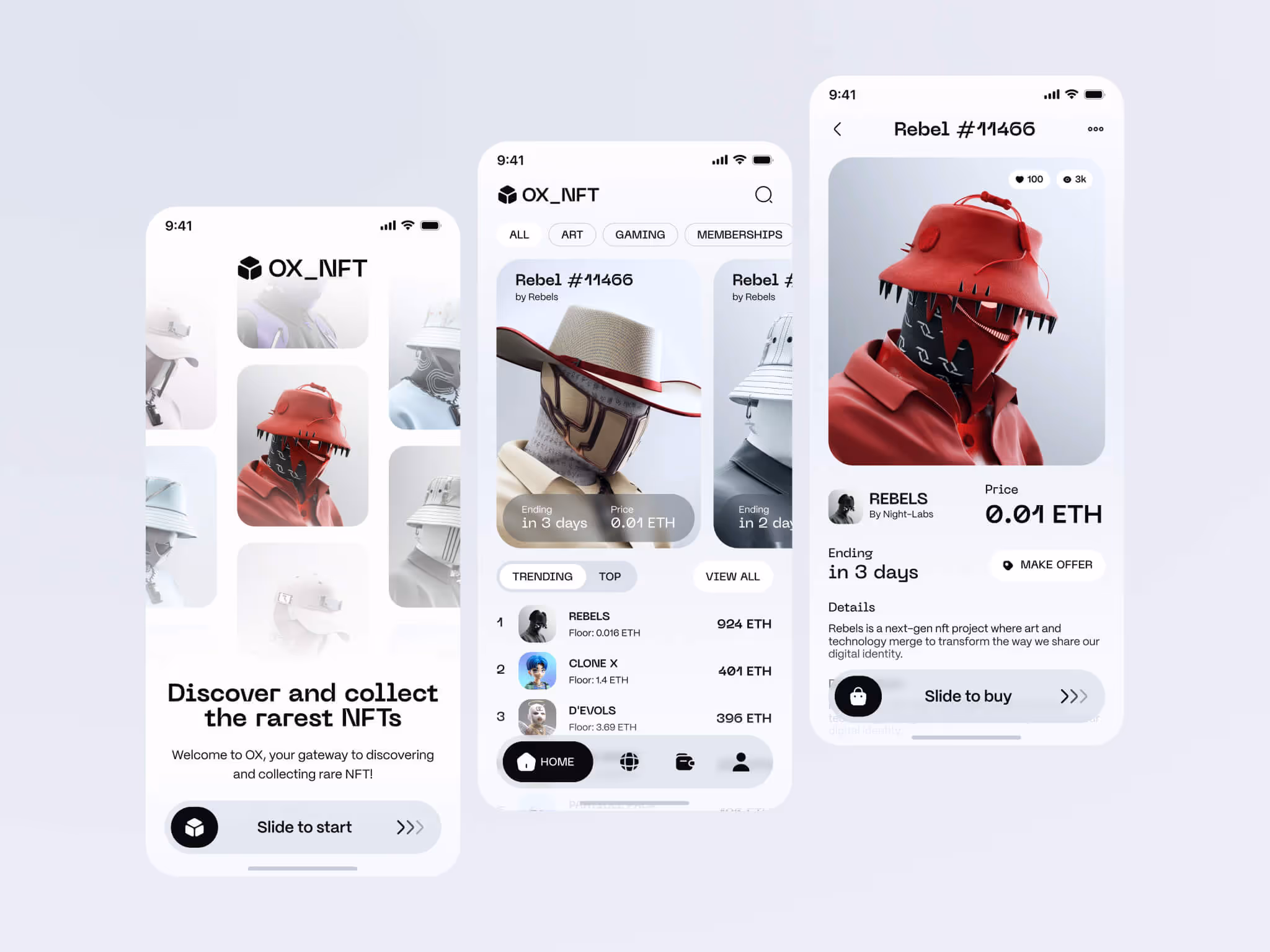 Three smartphone screens showing OX_NFT app interface for discovering, browsing, and buying NFT artwork featuring stylized characters with hats.