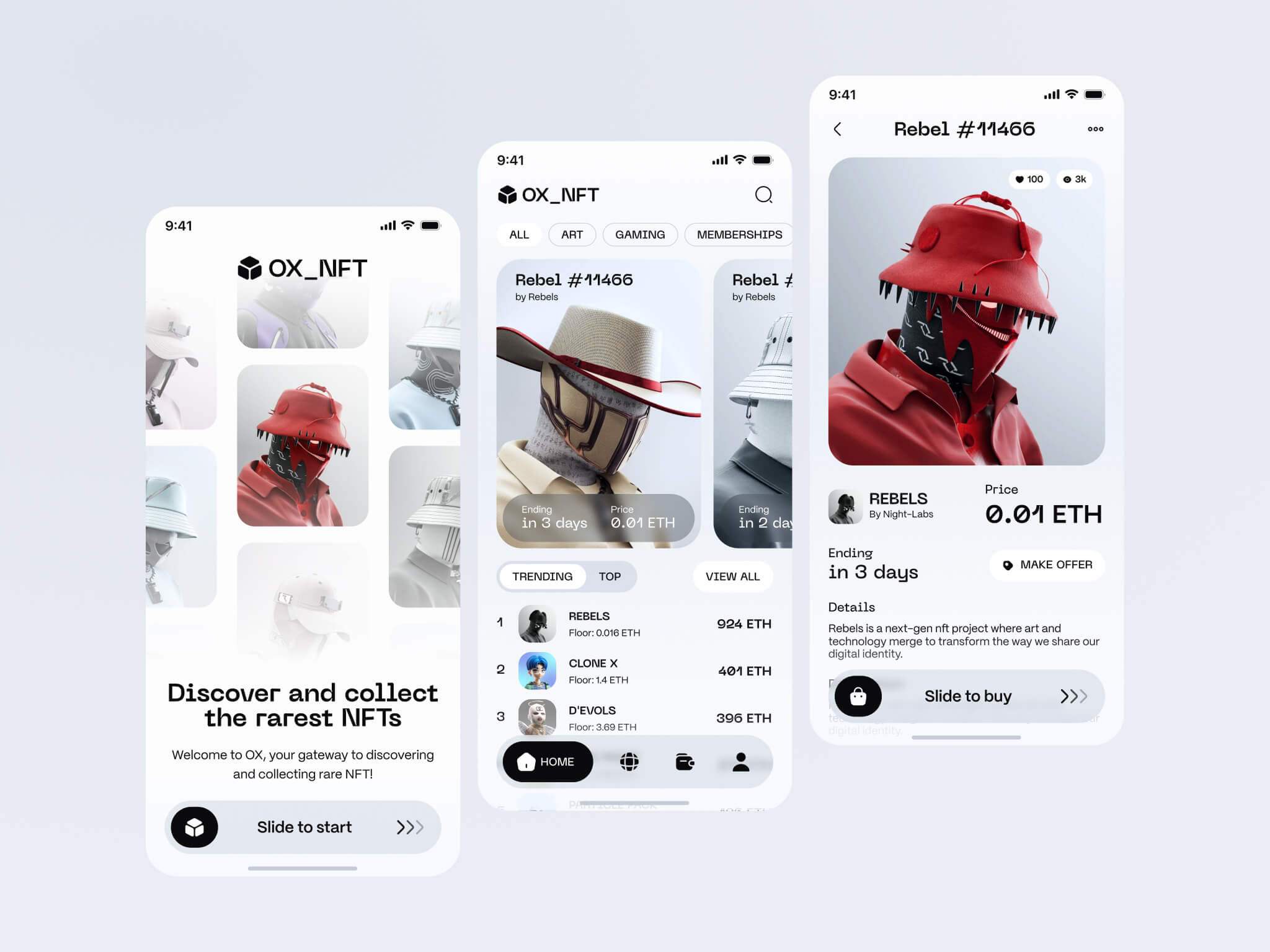 Three smartphone screens showing OX_NFT app interface for discovering, browsing, and buying NFT artwork featuring stylized characters with hats.