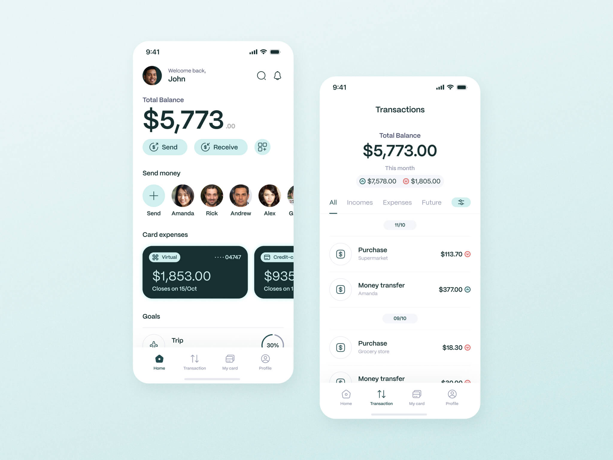 Two mobile screens of a finance app showing total balance, send and receive options, recent contacts, card expenses, transaction history with dates and amounts.