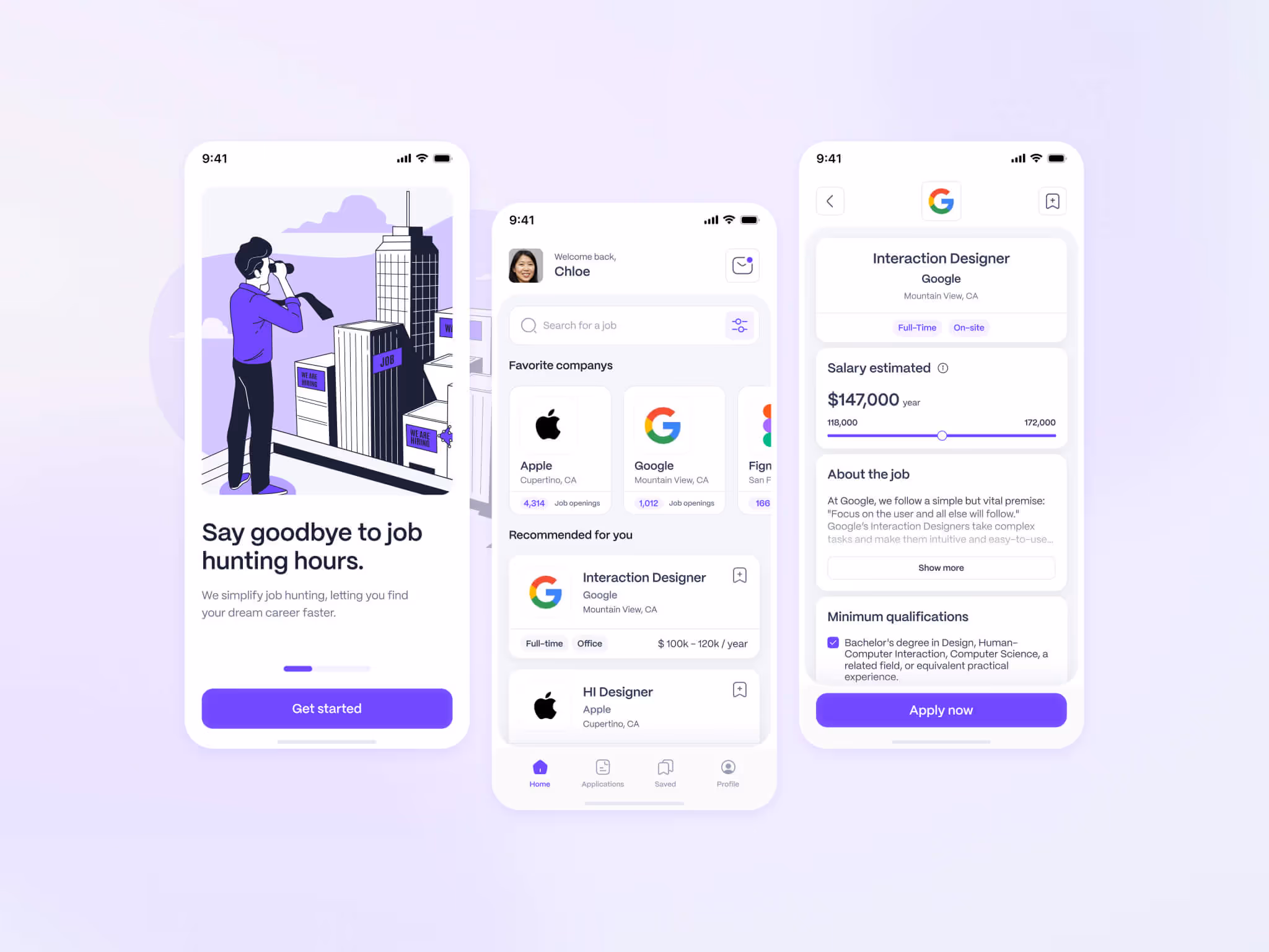 Three mobile screens showing a job hunting app with an illustration of a person looking through binoculars, a job search interface featuring companies and recommended jobs, and a detailed job listing for an Interaction Designer at Google with salary and qualifications.