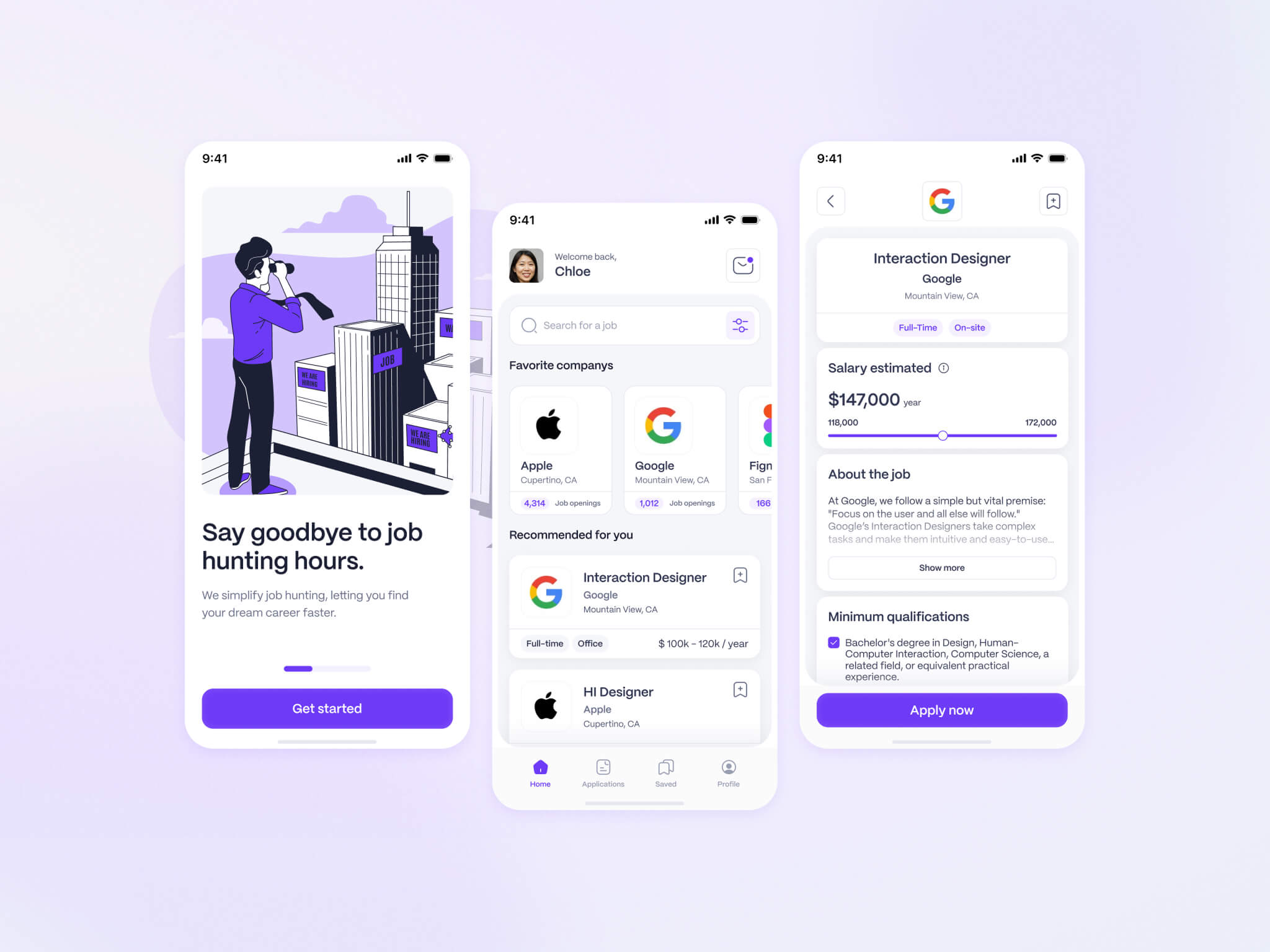 Three mobile screens showing a job hunting app with an illustration of a person looking through binoculars, a job search interface featuring companies and recommended jobs, and a detailed job listing for an Interaction Designer at Google with salary and qualifications.