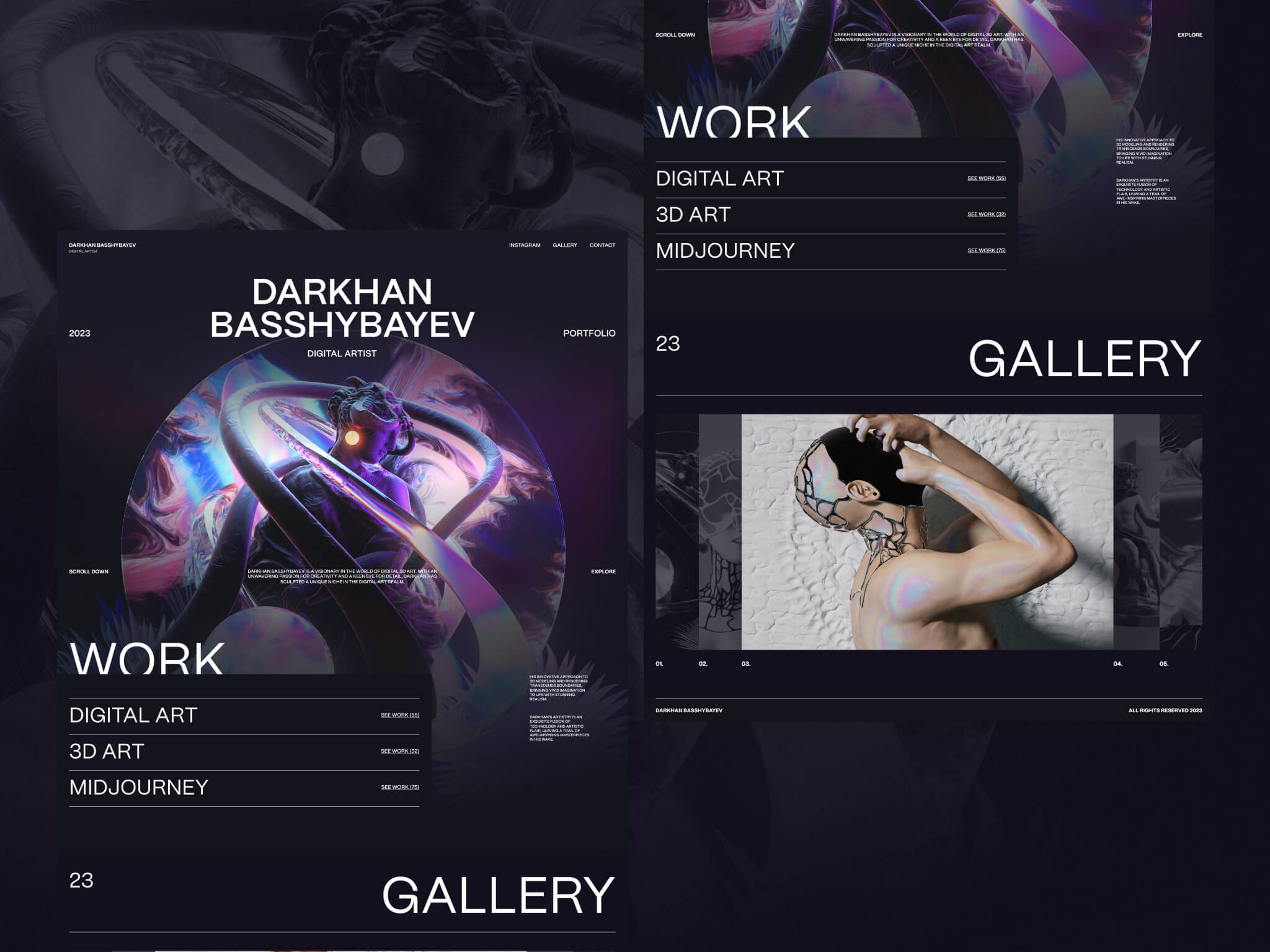 Dark-themed digital artist portfolio homepage for Darkhan Basshybayev featuring futuristic 3D artwork of a humanoid figure with neon rings and a gallery preview.