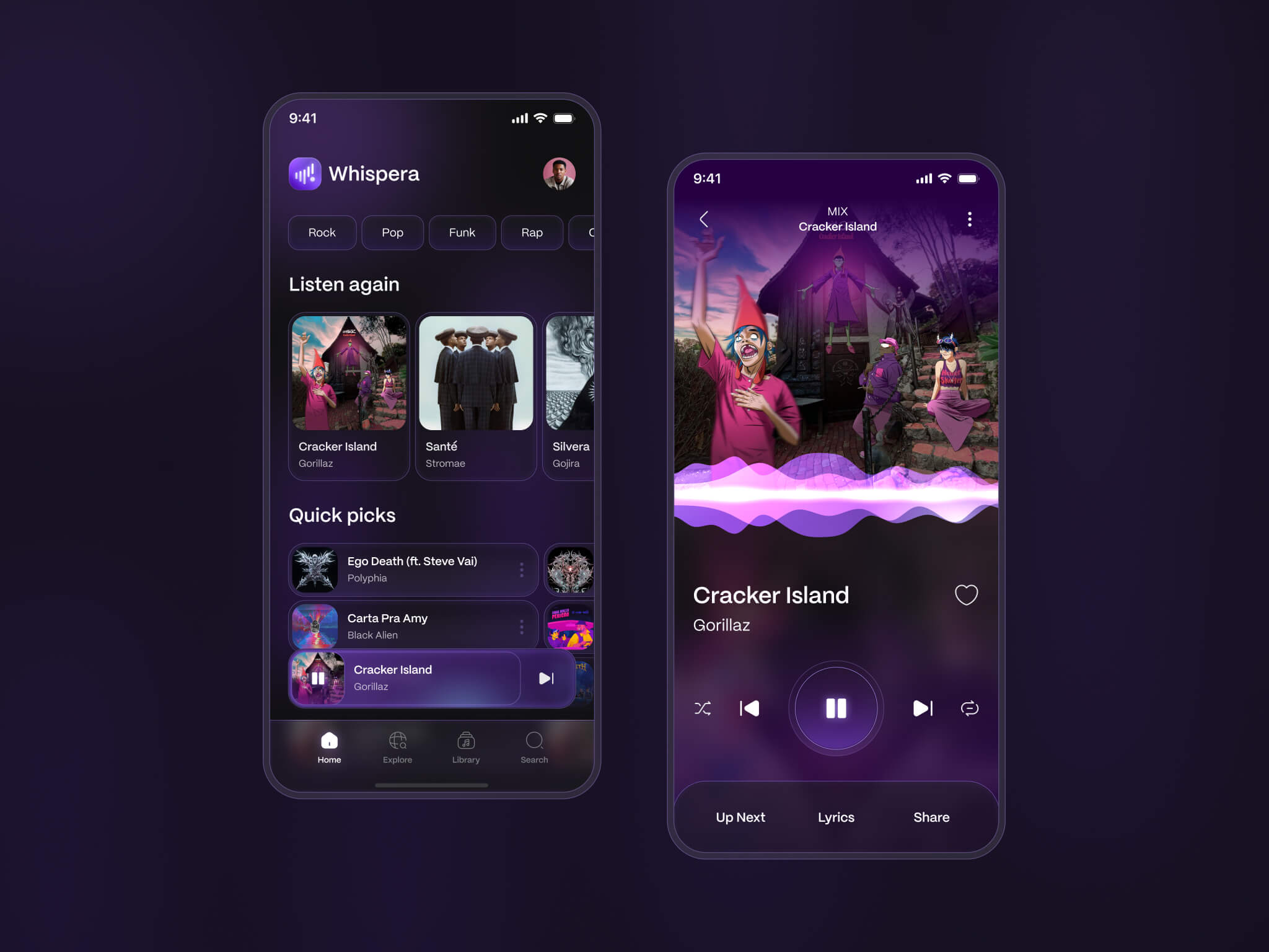 Two mobile screens of the Whispera music app showing a dark theme interface with music categories, playlists, and a playing screen for the song 'Cracker Island' by Gorillaz.