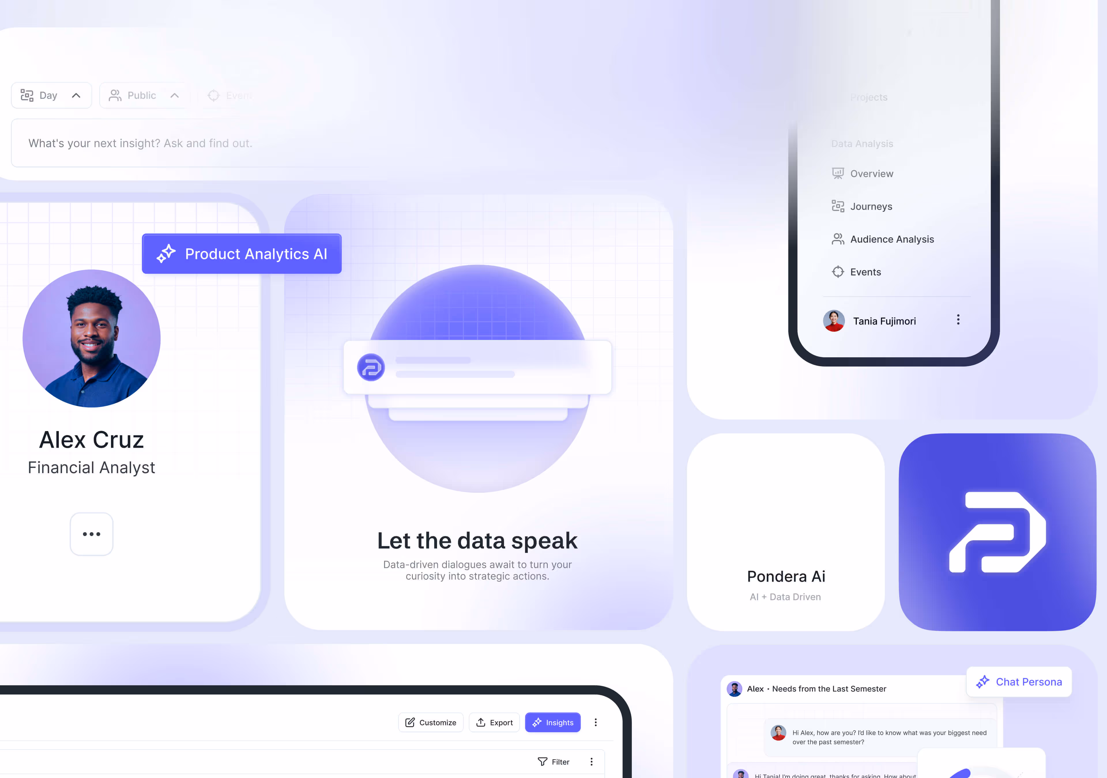 User interface of Pondera AI showing Alex Cruz, Financial Analyst, data analytics features, chat persona, and navigation menu.