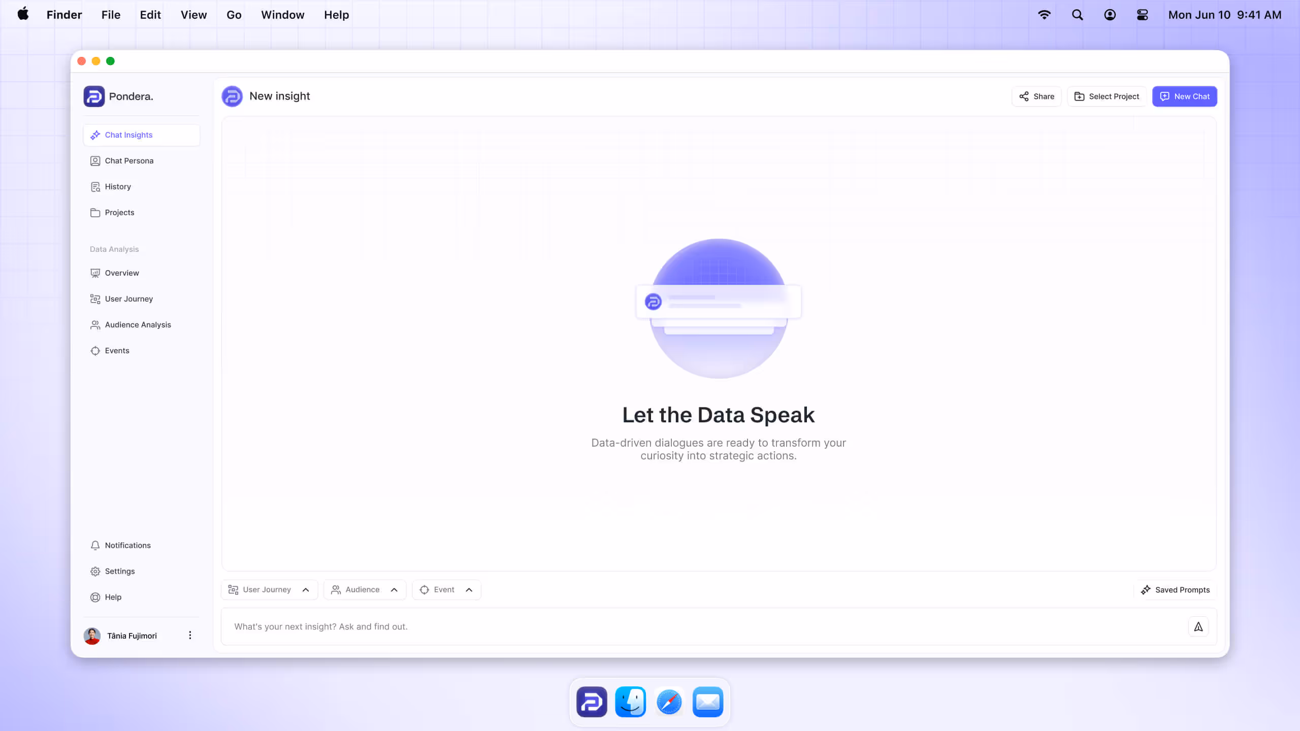 Desktop screen showing Pondera app interface with 'Let the Data Speak' message and navigation menu on left side.