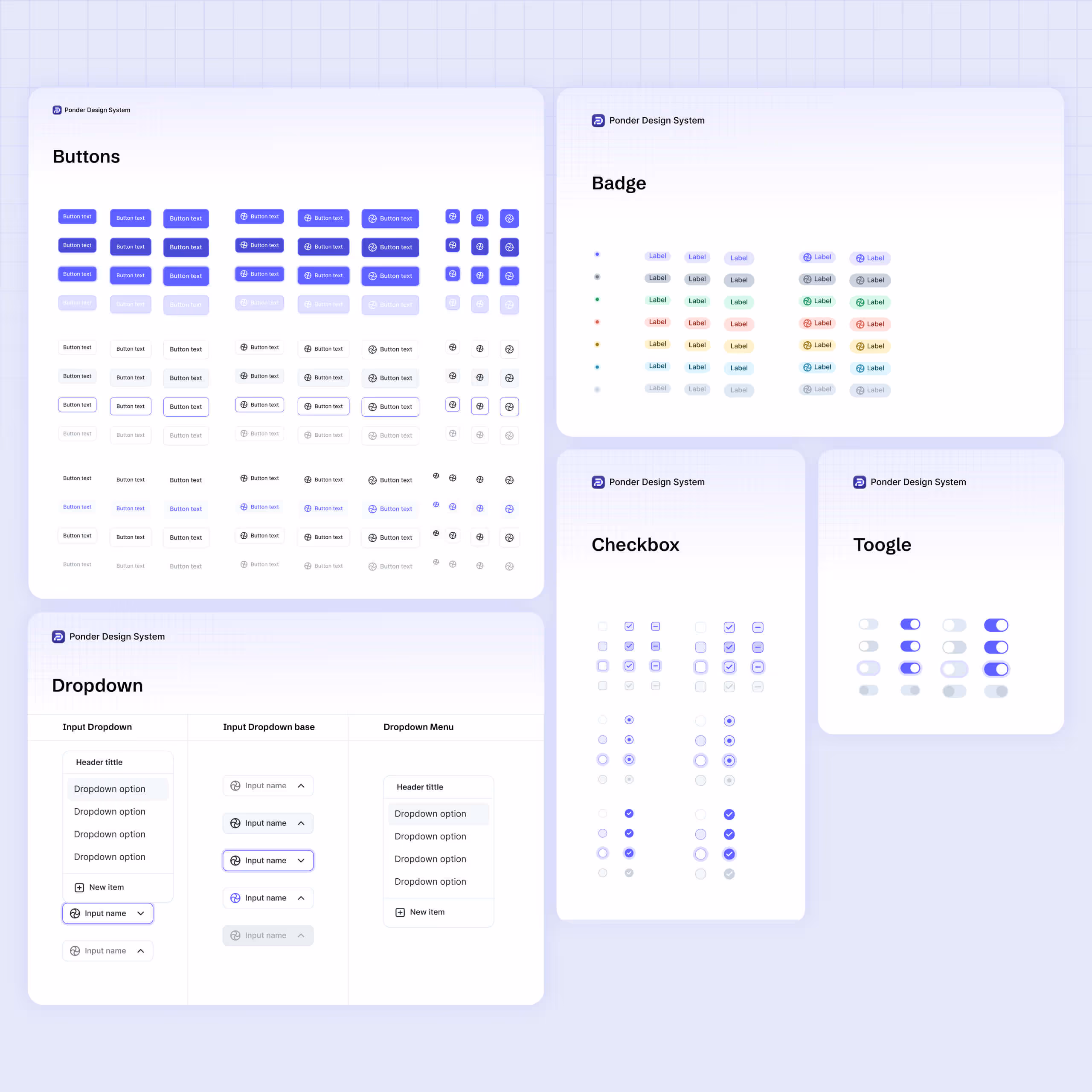User interface components from Ponder Design System showing buttons, badges, dropdowns, checkboxes, and toggles in various states and styles.