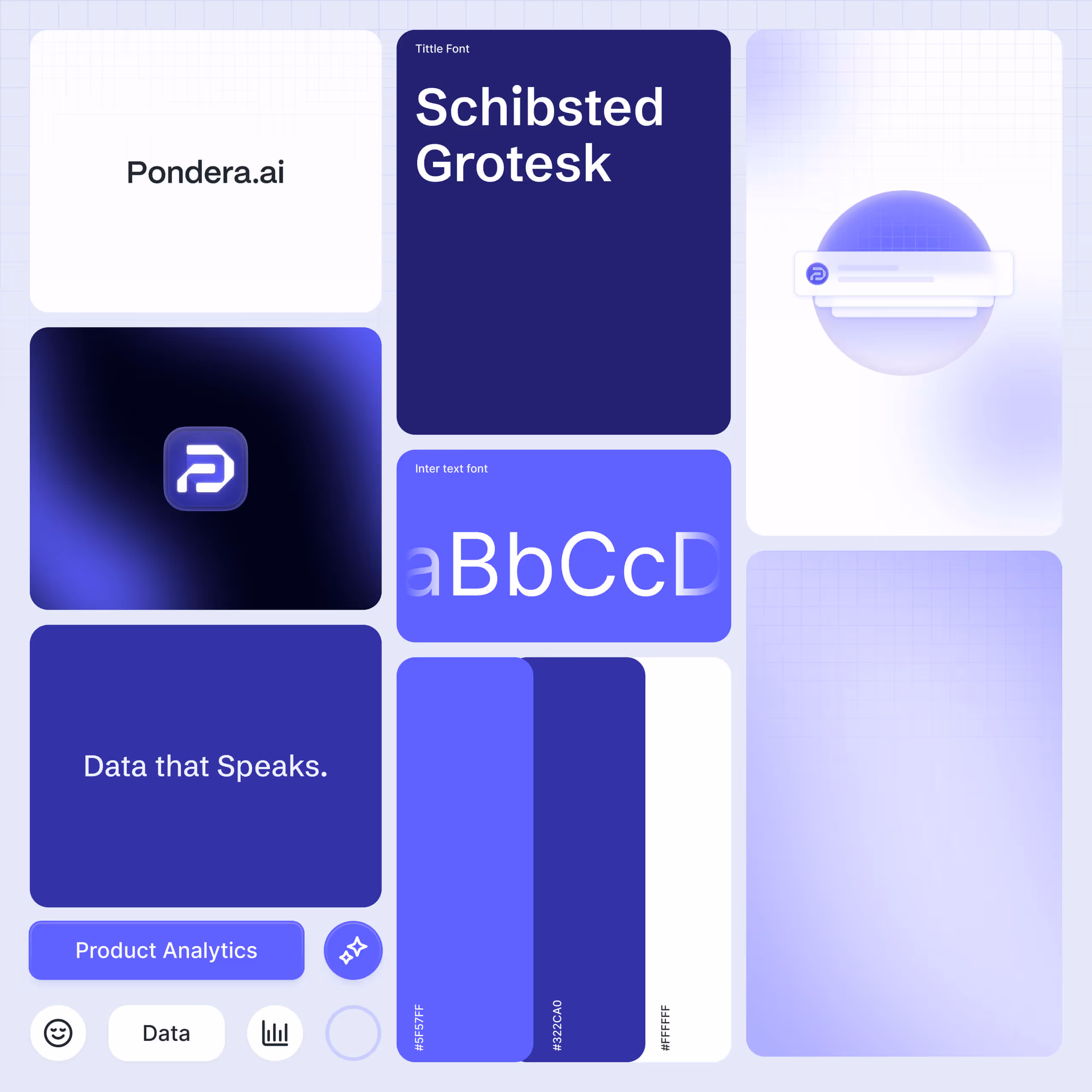 Grid layout showing Pondera.ai branding with Schibsted Grotesk font, Inter text font letters, brand colors, and design elements.