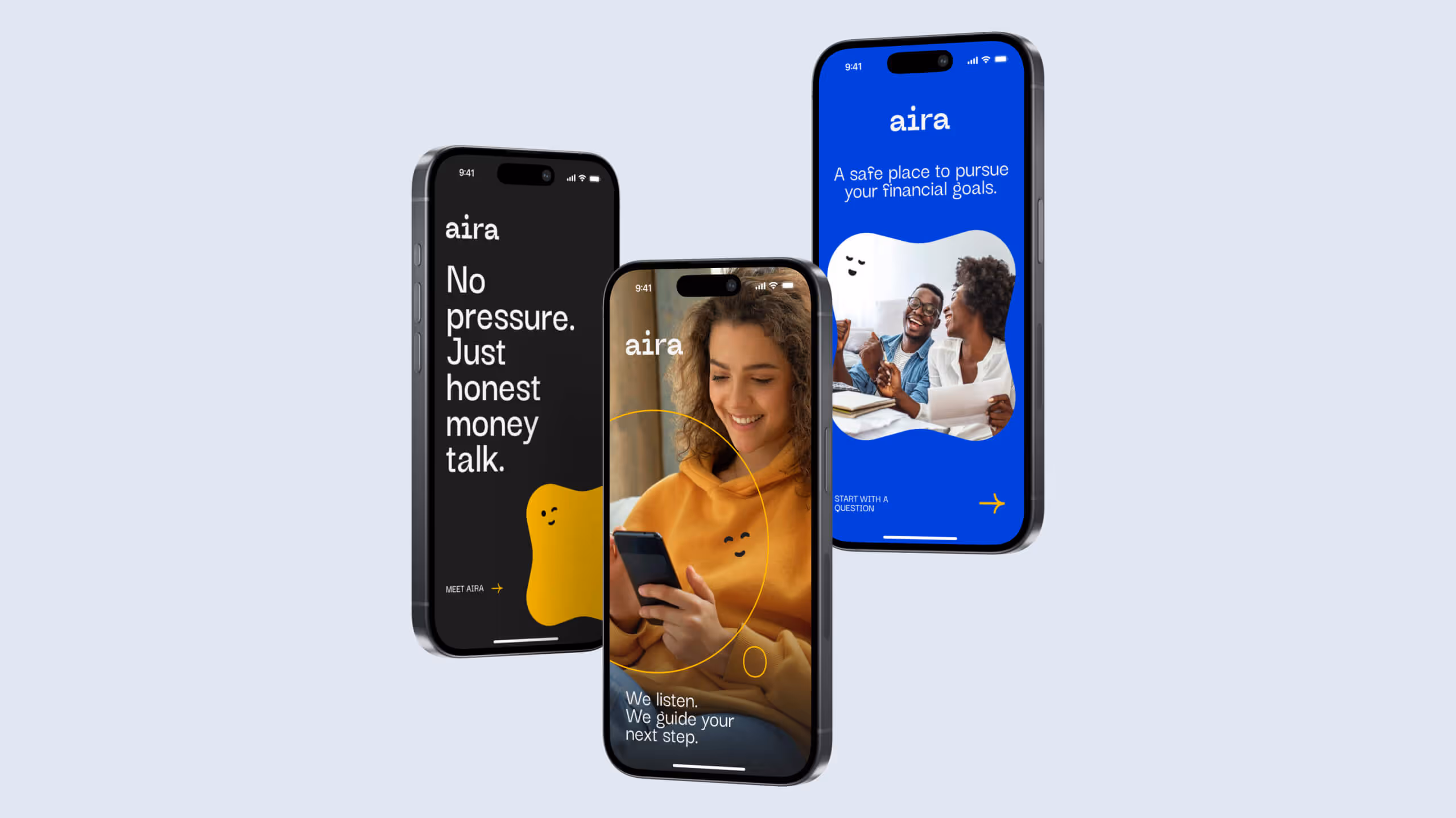Three smartphones displaying the Aira app with messages about honest money talk, financial goal support, and personalized guidance.