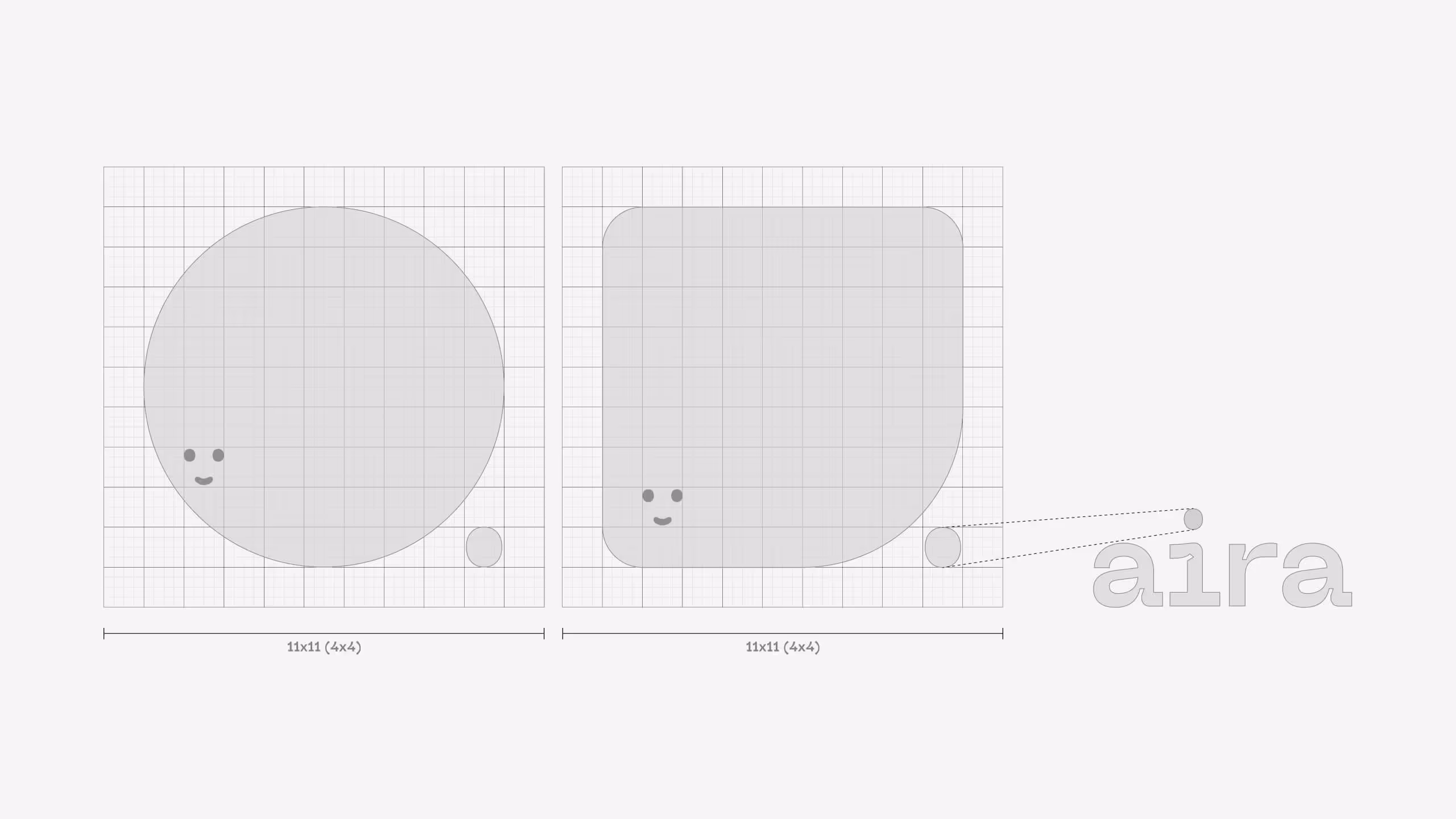 Diagram comparing two shapes on grid paper: a circle on the left and a rounded square with one curved corner on the right, each measuring 11x11 units; lines connect a small circle from the right shape to the word 'aira'.