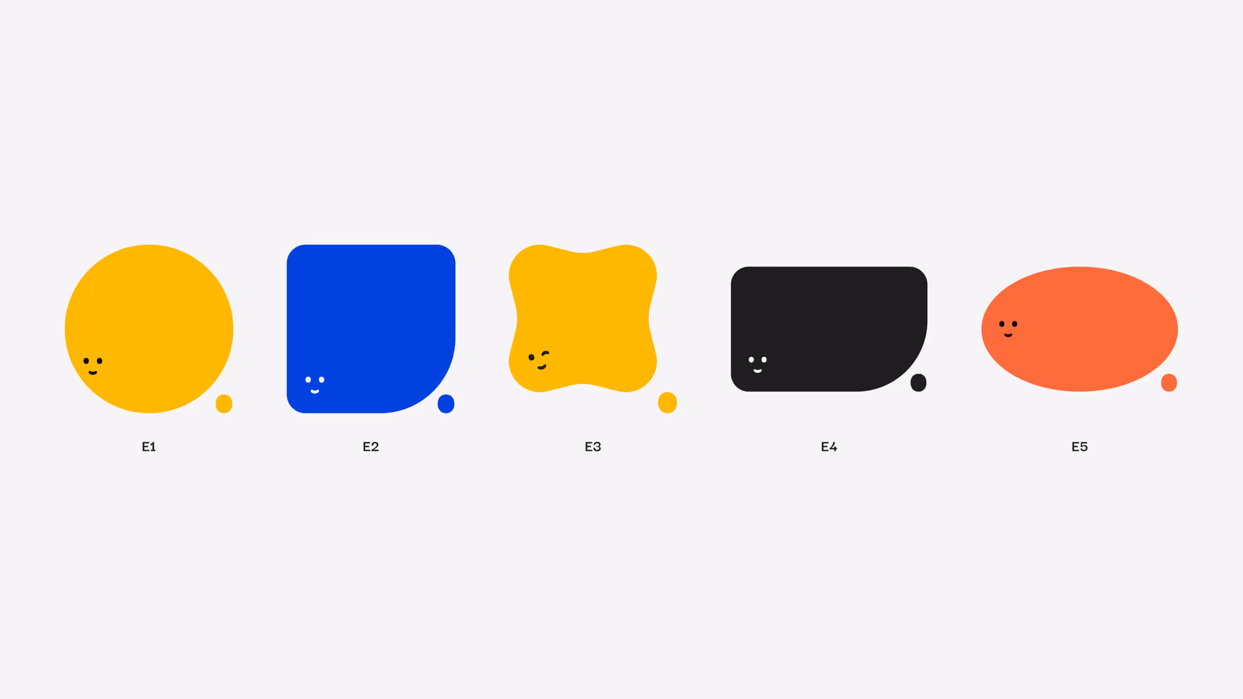 Five colorful abstract shapes with smiling faces, each labeled E1 to E5, on a light gray background.