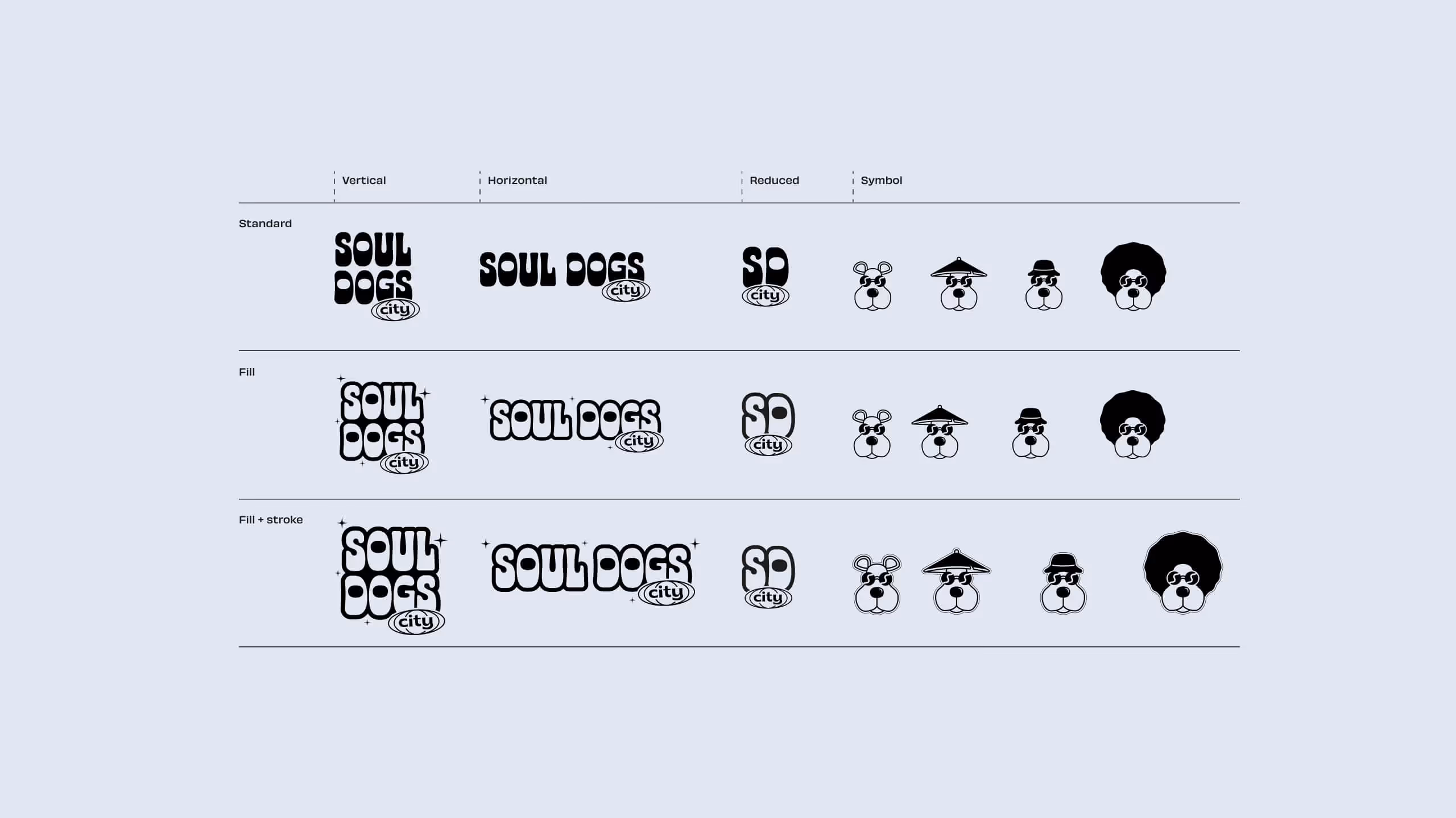 Three rows of Soul Dogs City logos in black and white showing standard, fill, and fill+stroke styles with vertical, horizontal, reduced, and four dog face symbols.