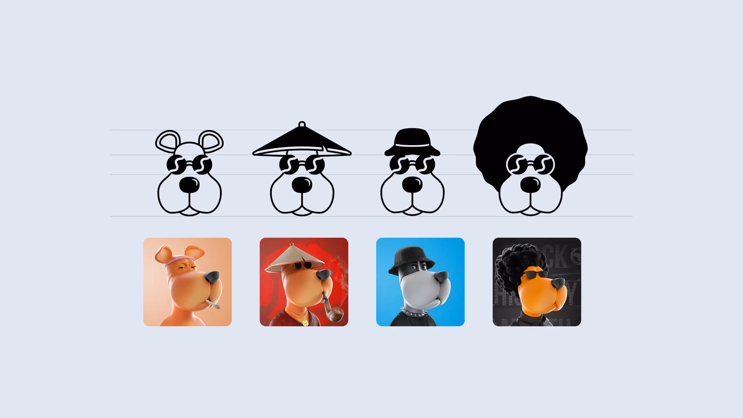 Four stylized dog heads with sunglasses, each matched with a corresponding 3D dog character below, featuring different hats and accessories including a headband, conical hat with pipe, black bucket hat, and afro hairstyle.
