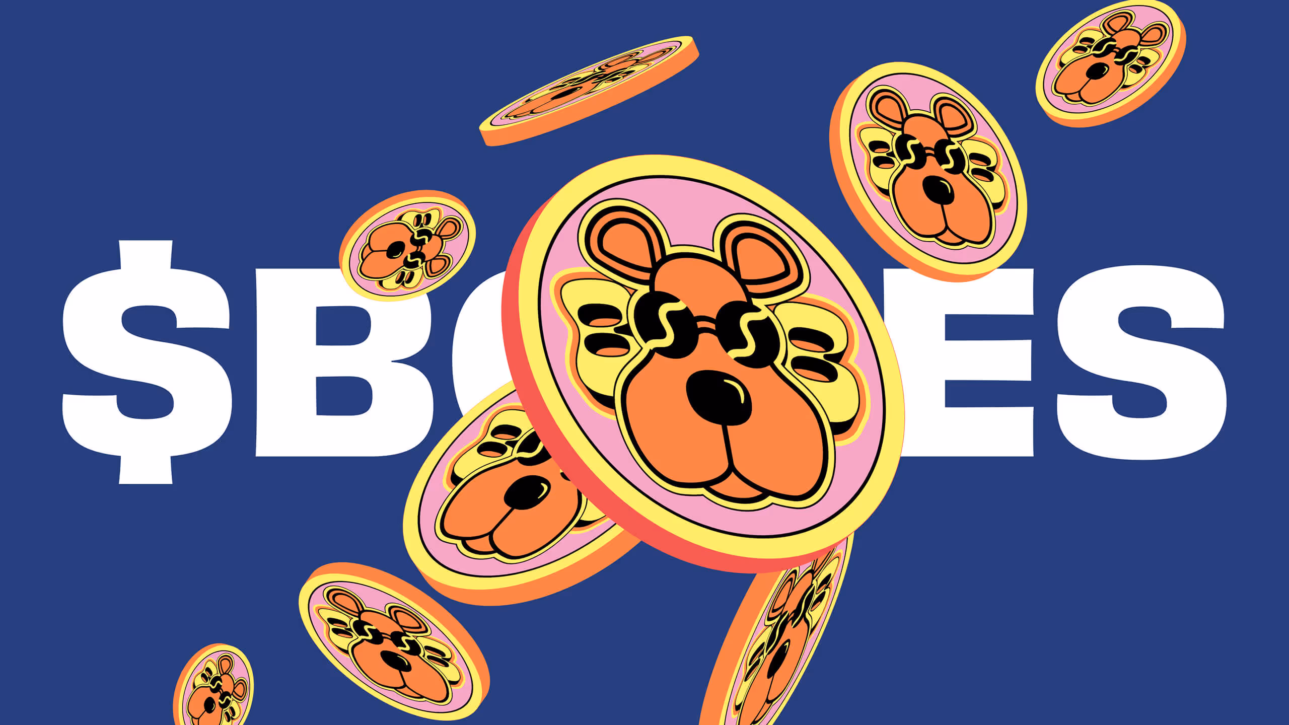 Illustration of multiple orange dog face coins with sunglasses floating over bold white text '$BONES' on a blue background.