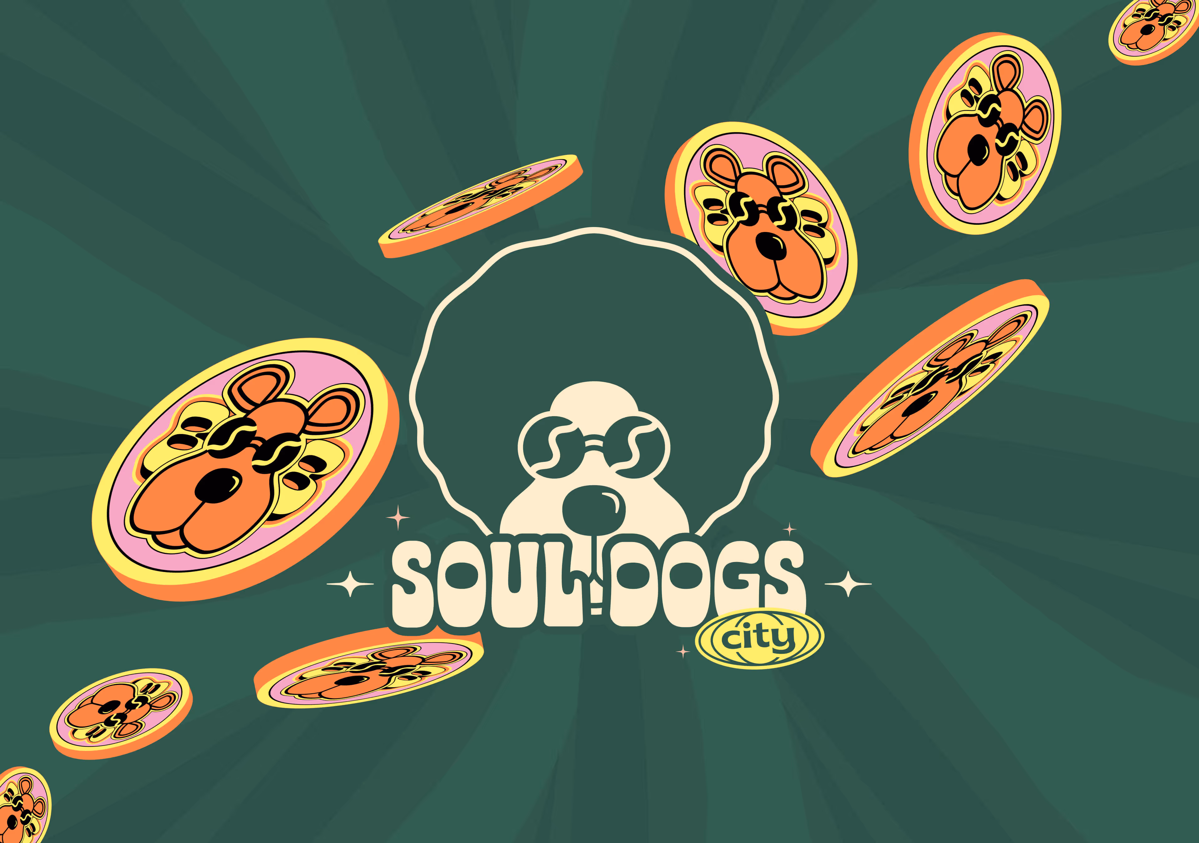Illustration of a dog with an afro and sunglasses above the text 'SOUL DOGS city' surrounded by floating orange and yellow dog face coins on a green background.