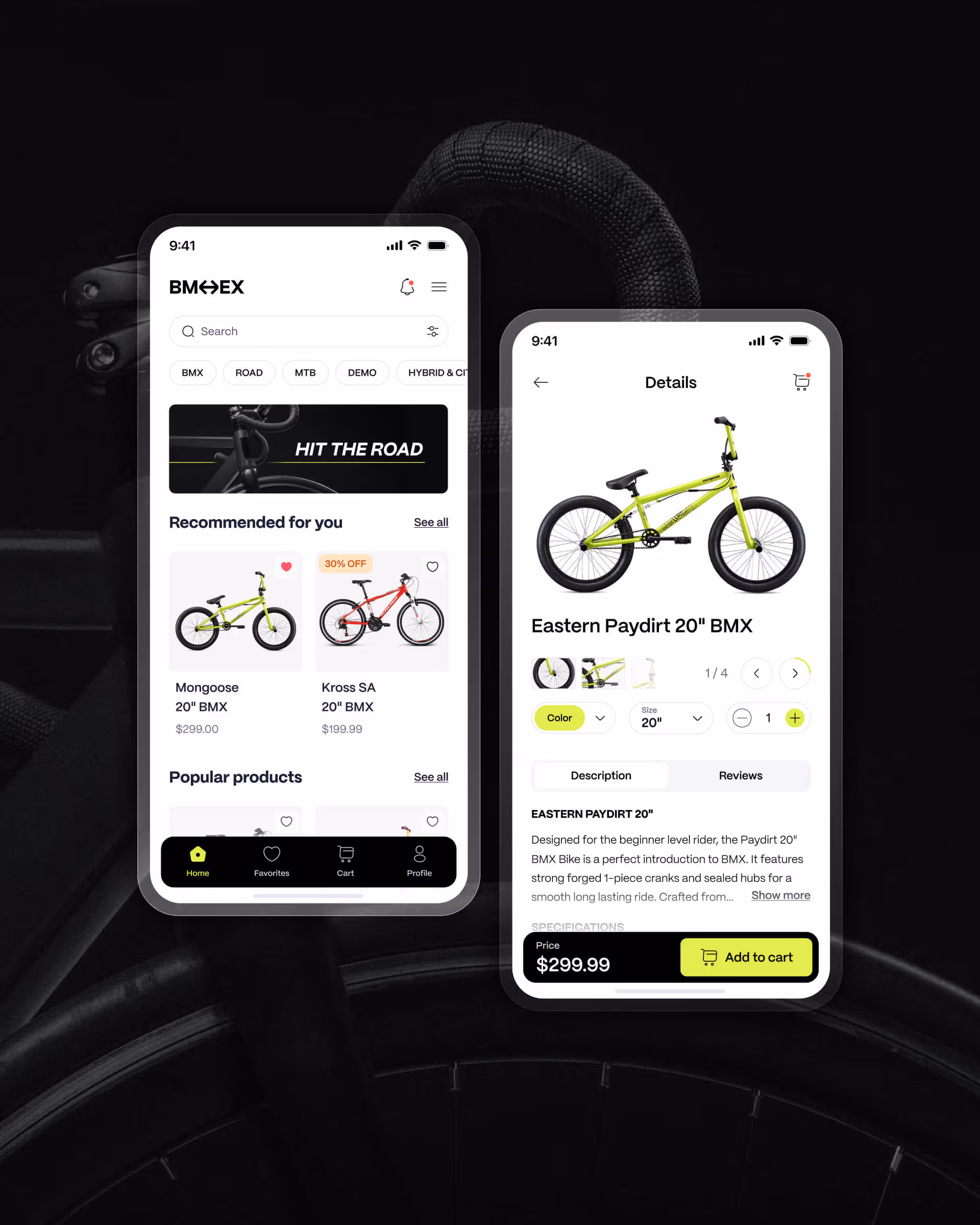 Two smartphone screens showing a bike shop app with recommended BMX bikes and detailed product page for Eastern Paydirt 20" BMX priced at $299.99 with add to cart option.