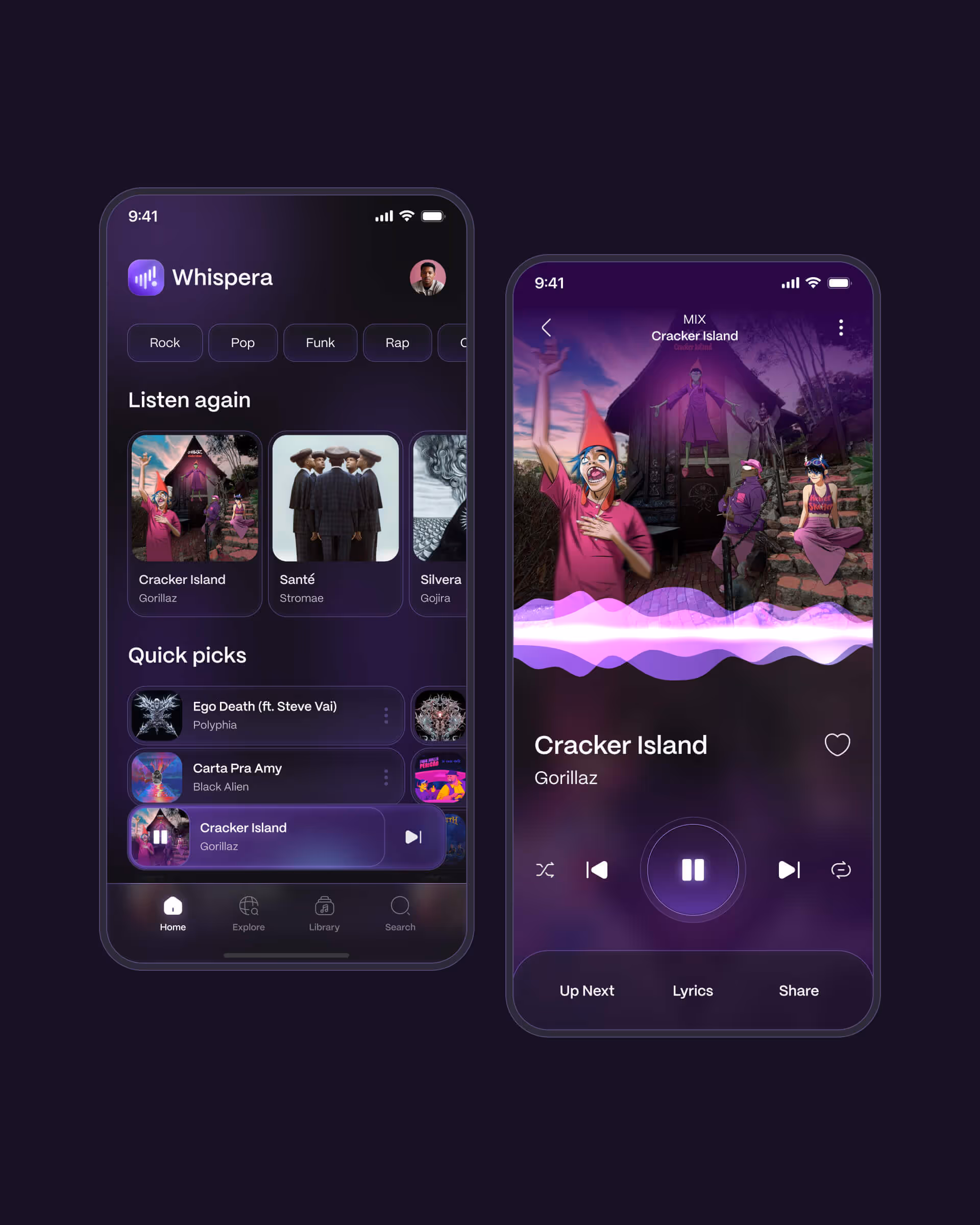 Two smartphone screens displaying the Whispera music app with a dark purple theme, showing a playlist and a song titled 'Cracker Island' by Gorillaz playing.