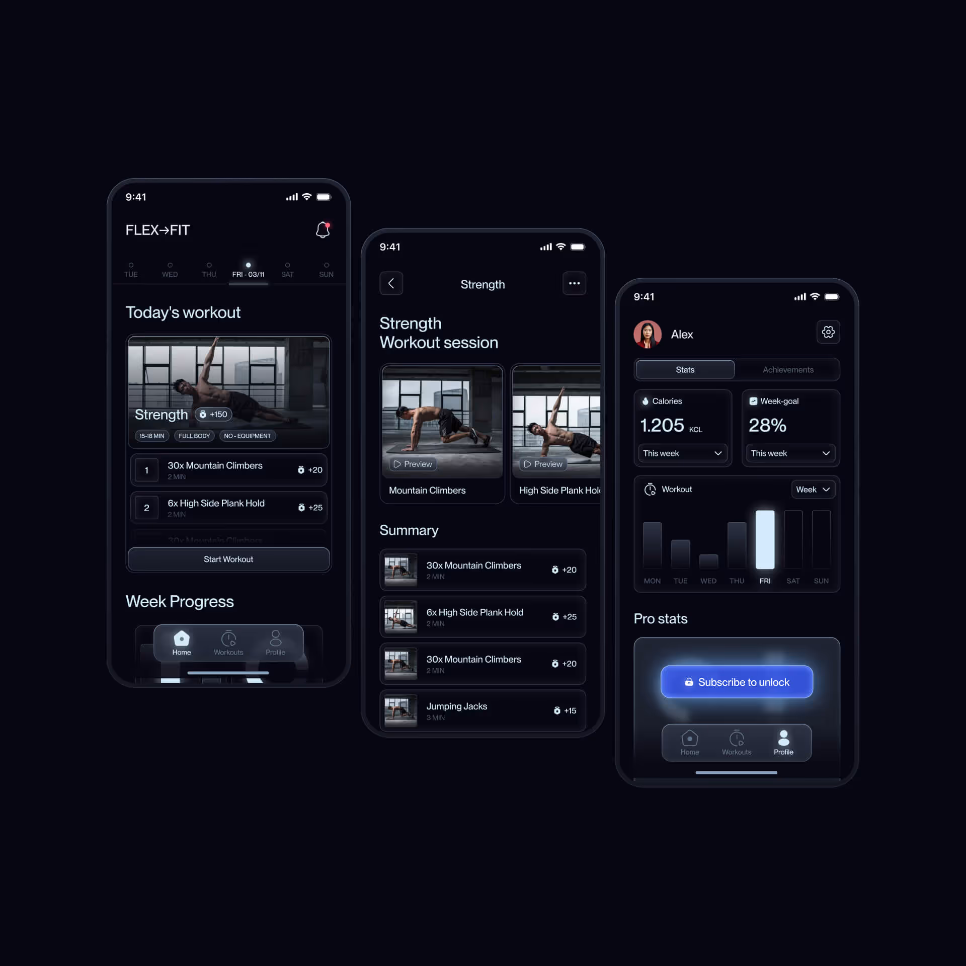 Three smartphone screens showing a fitness app with workout plans, exercise videos, progress stats, and a subscription prompt.