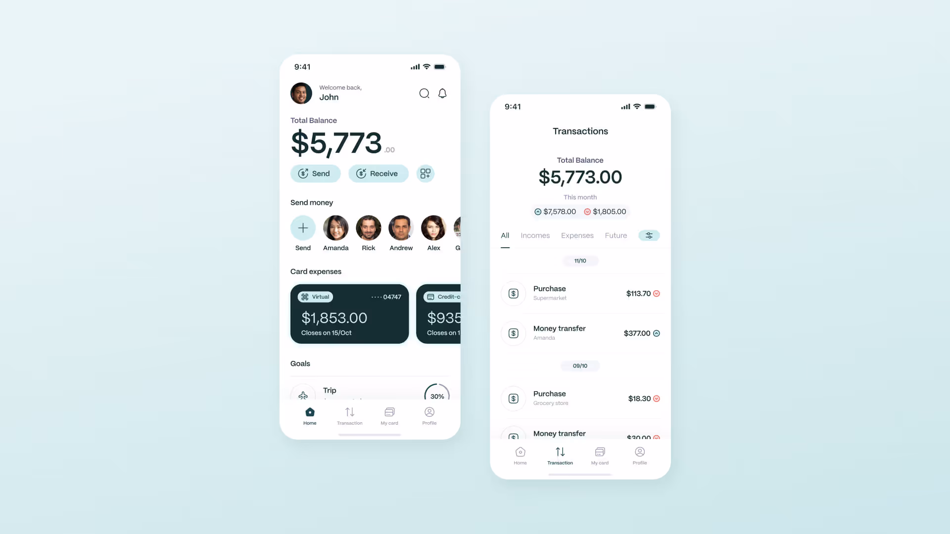 Two smartphone screens showing a finance app with account balance, money transfer options, card expenses, goals, and recent transactions.