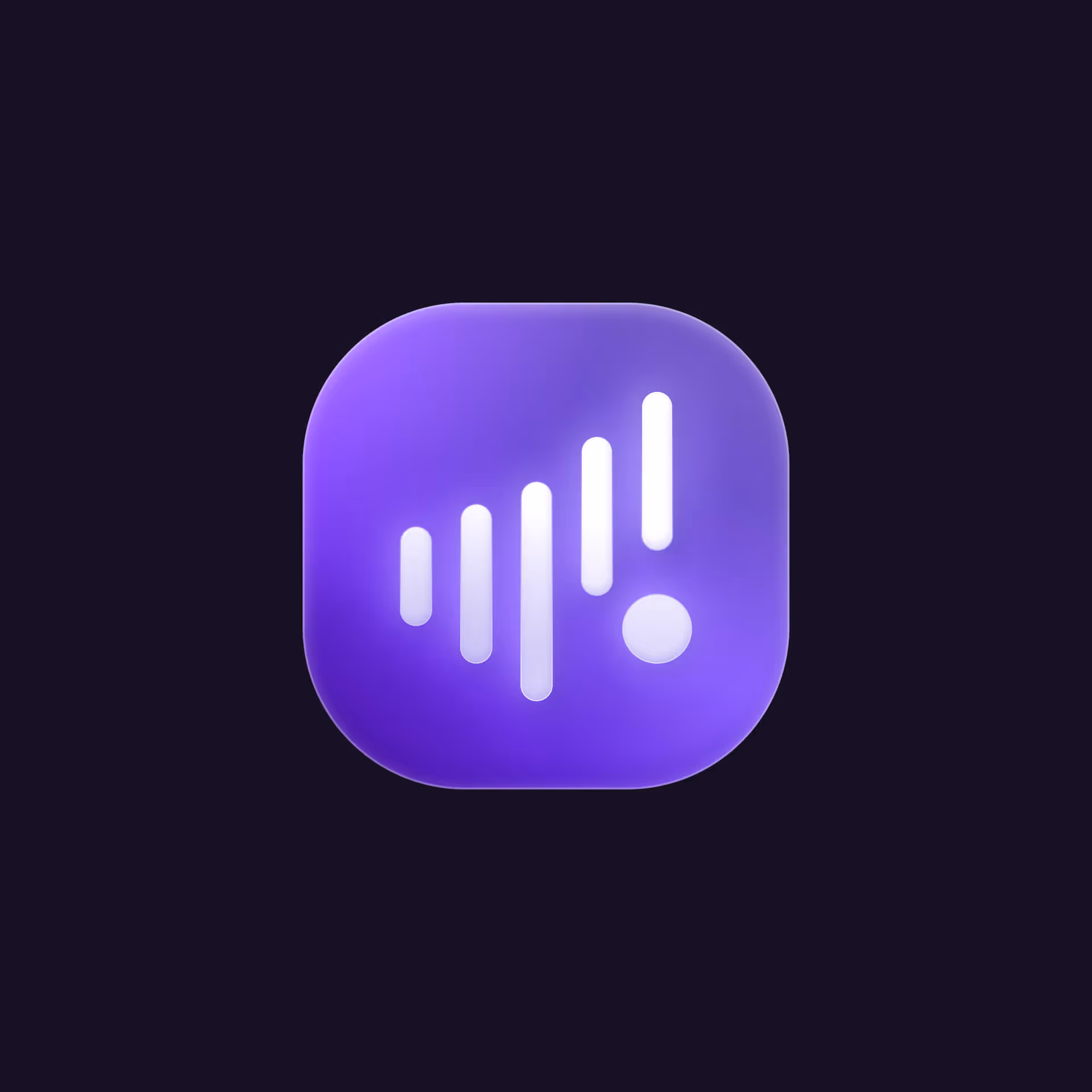 Purple square app icon with rounded corners featuring five vertical white bars of varying heights and a white circle.