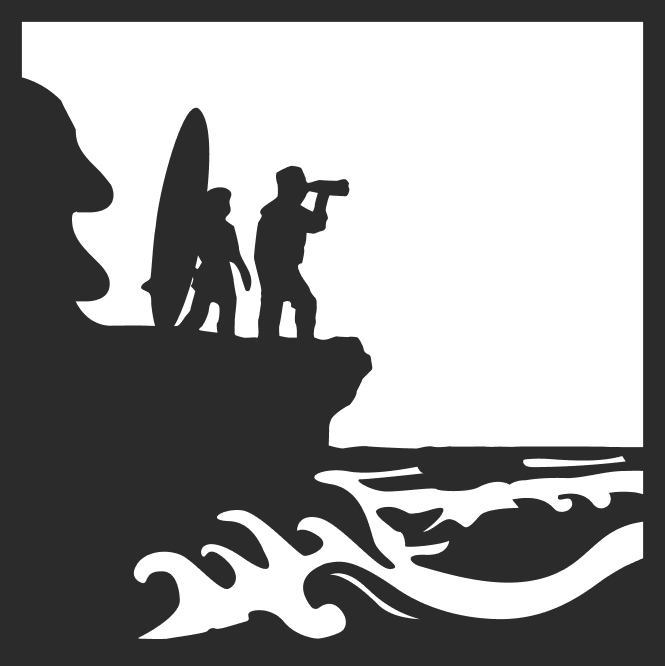 Silhouette of two people standing on a cliff overlooking waves, one holding a surfboard and the other using binoculars.