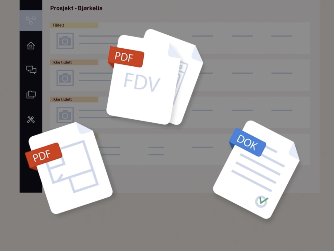 Tre dokumentikoner merket PDF og DOK foran et grensesnitt for prosjektadministrasjon.