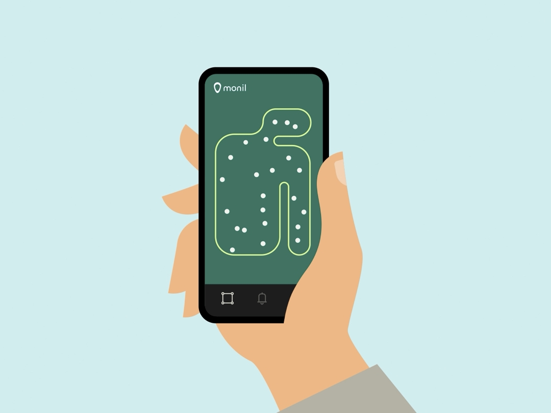 Hånd som holder telefon som viser Monil-app med kroppskontur og flere prikker på skjermen.