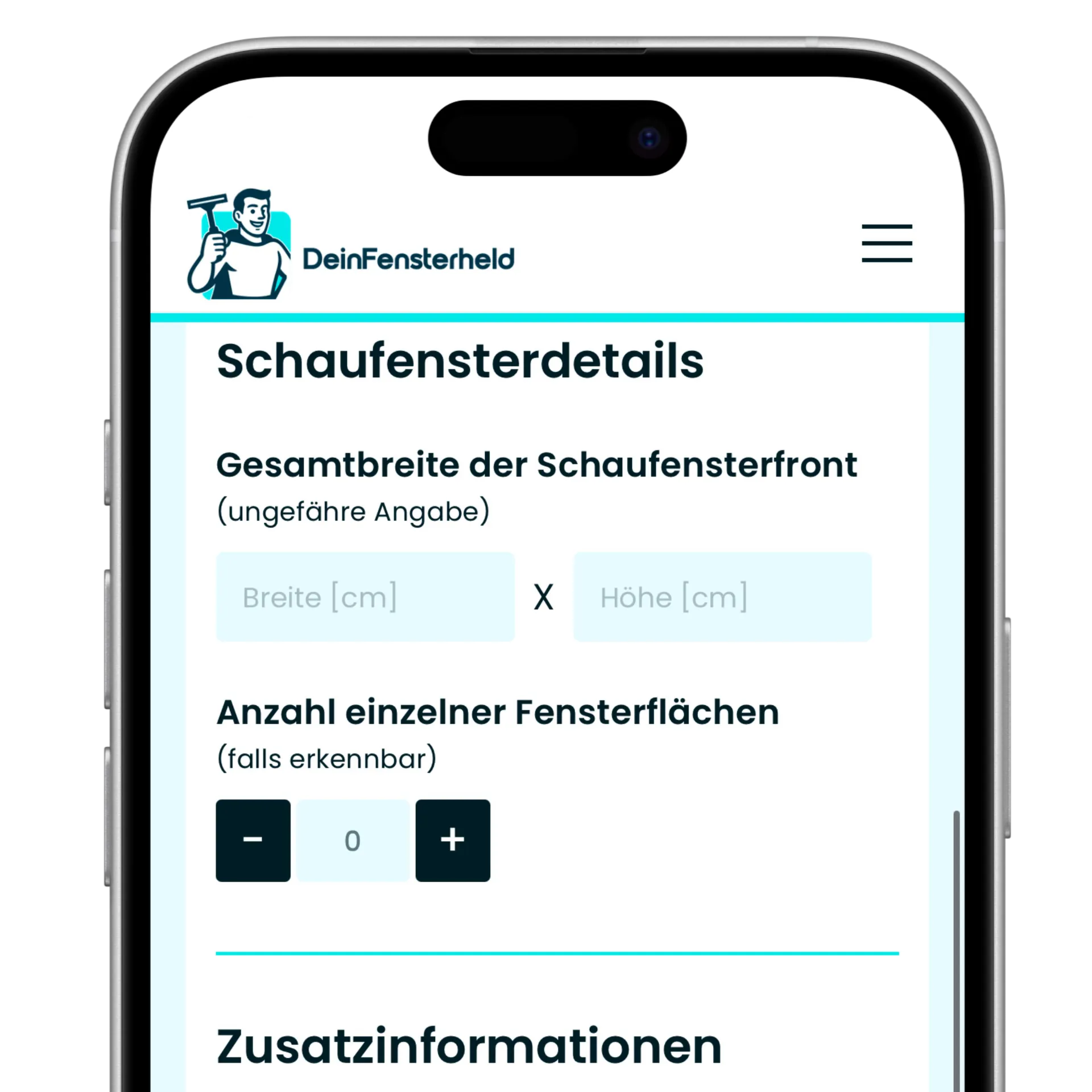 iPhone Mockup mit Detailansicht ein Eingabefeld von der Schaufensterbreite und Höhe aus dem Formular der Preisberechnung auf der Seite DeinFensterheld